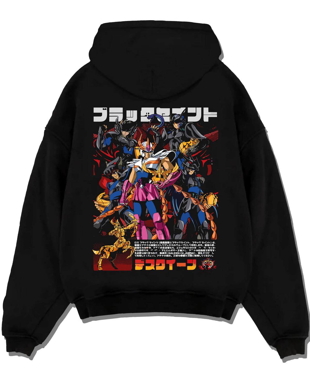 Black hoodie laid flat featuring Saint Seiya Bronze Saints zodiac warriors artwork.
