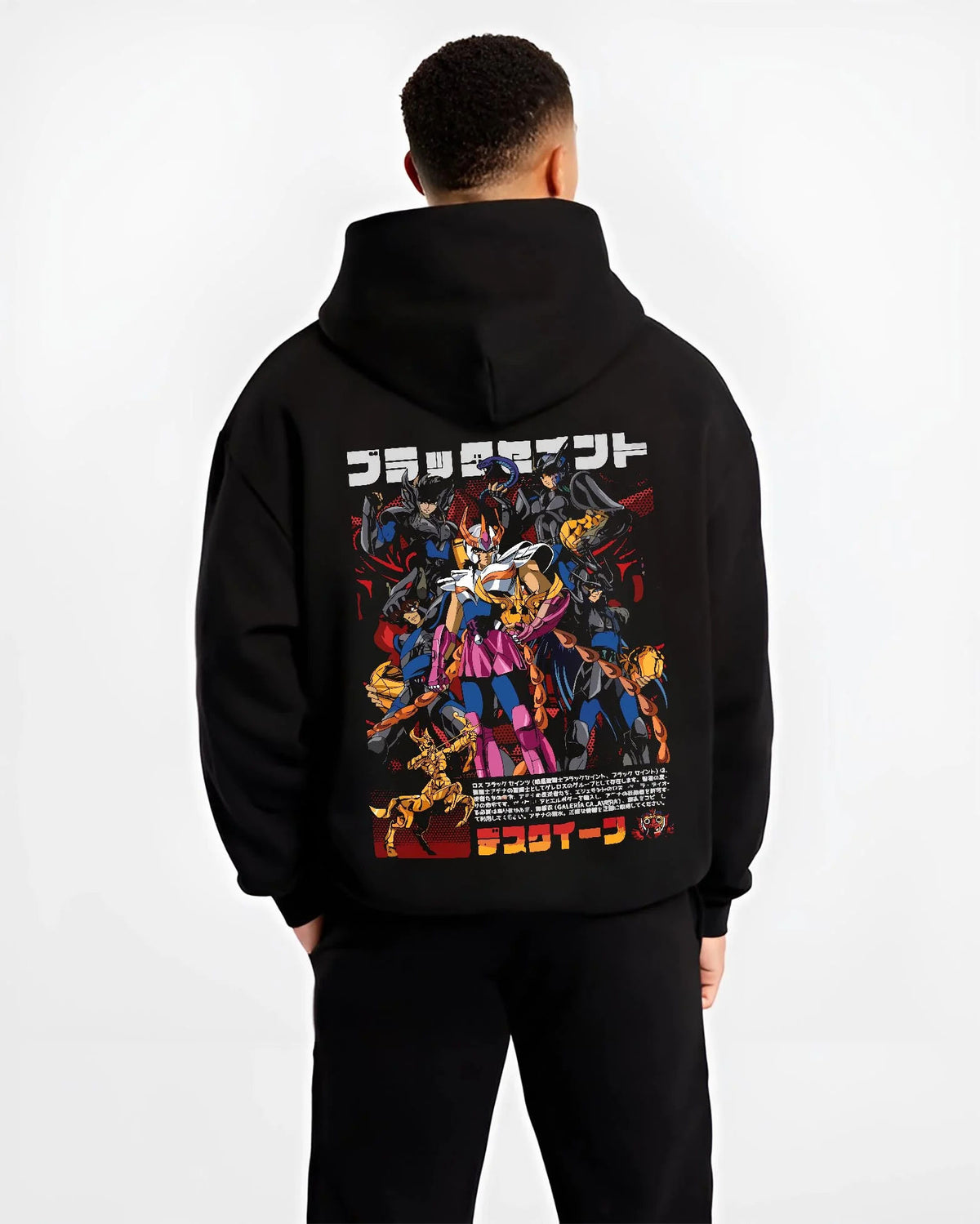 Black hoodie worn by male model from the back featuring Saint Seiya Bronze Saints zodiac warriors artwork.