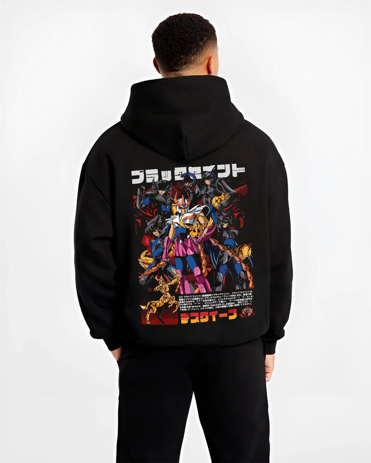 Black hoodie worn by male model from the back featuring Saint Seiya Bronze Saints zodiac warriors artwork.