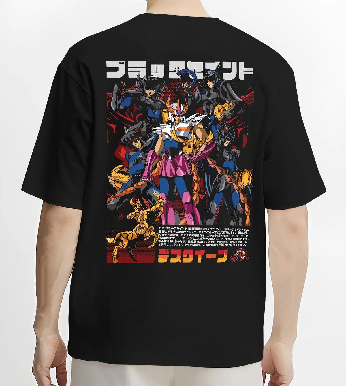 Black T-shirt worn by male model from the back featuring Saint Seiya Bronze Saints zodiac warriors artwork.