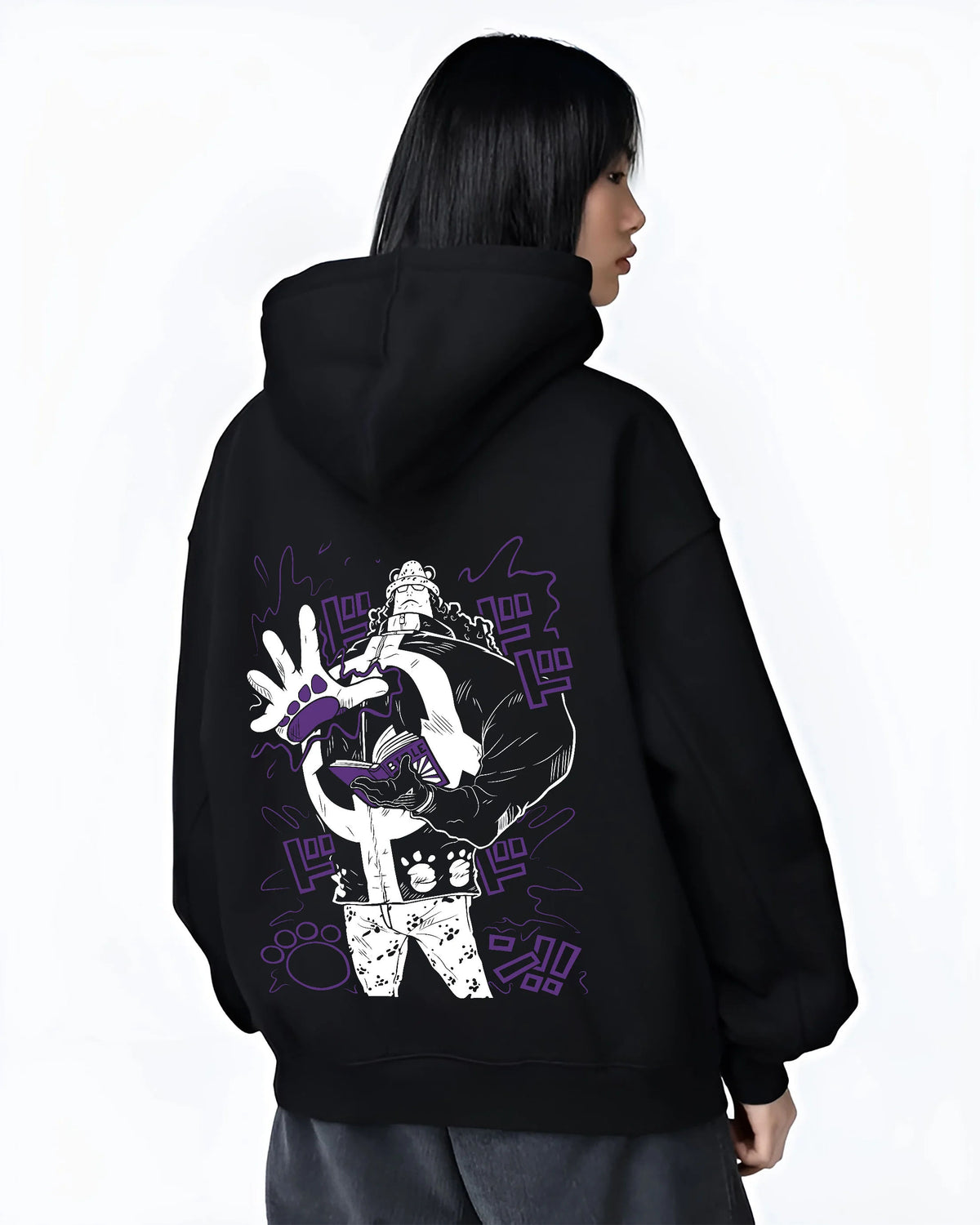 Black hoodie female model back view showing Bartholomew Kuma from One Piece: paw-paw fruit