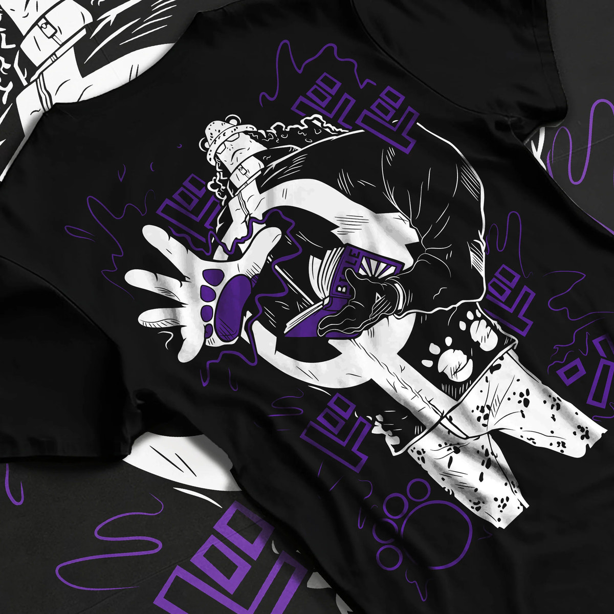 Black T-shirt flat back view showing Bartholomew Kuma from One Piece: paw-paw fruit