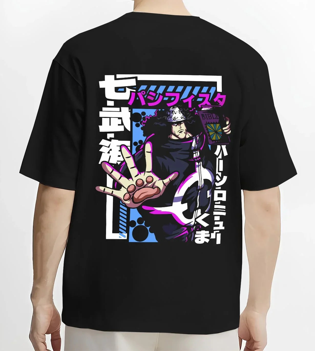 Black T-shirt worn by male model, back view with One Piece Hoodie Bartholomew Kuma Pacifista Power graphic premium wear.