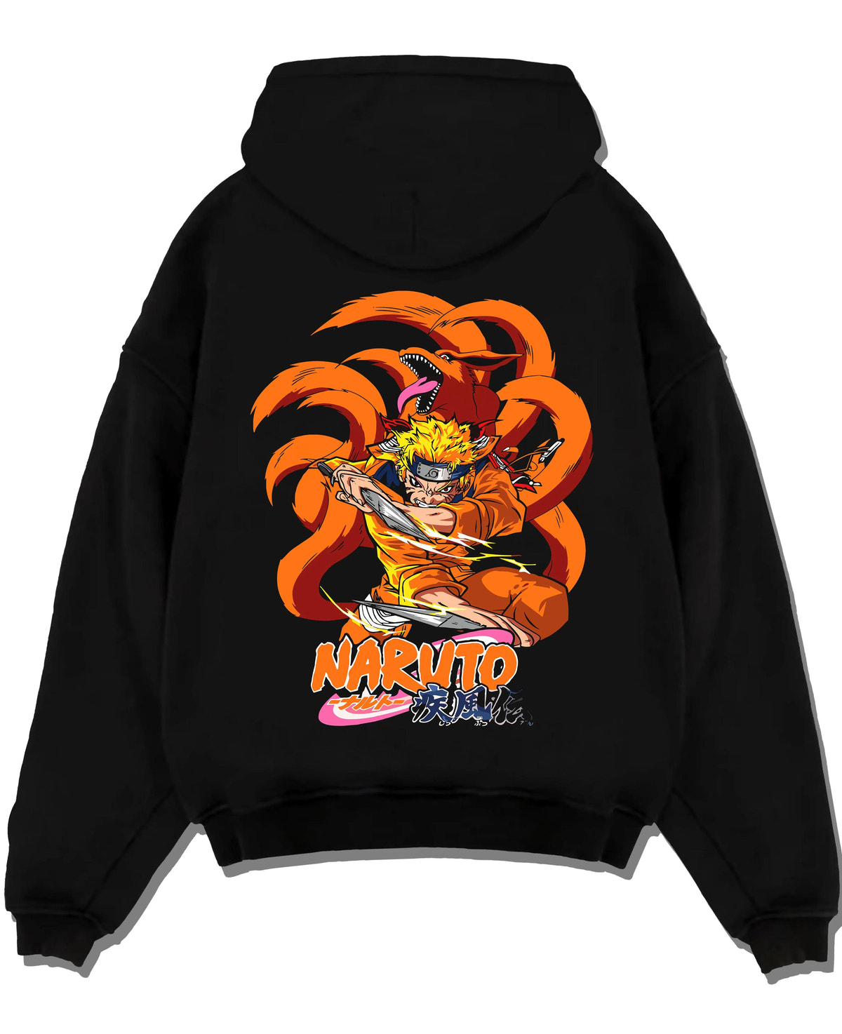 Black hoodie laid flat featuring Naruto Kurama Nine Tails chakra artwork.