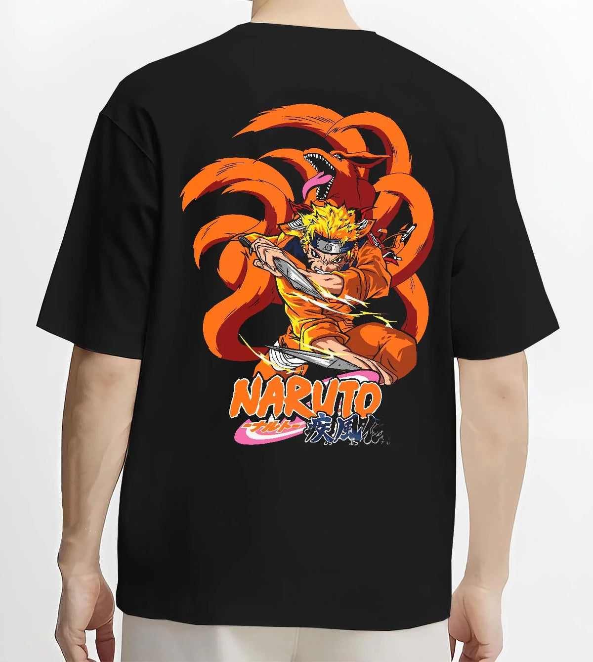 Black T-shirt worn by male model from the back featuring Naruto Kurama Nine Tails chakra artwork.