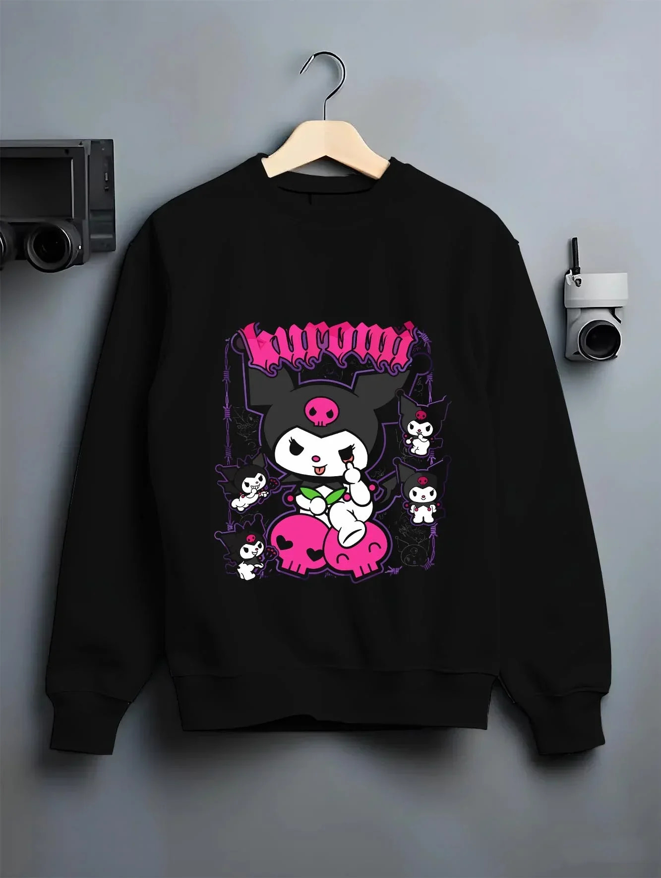 Black crewneck sweatshirt on hanger with Kaiju No. 8 Kafka Hibino Beast Awakening Hoodie graphic premium wear.