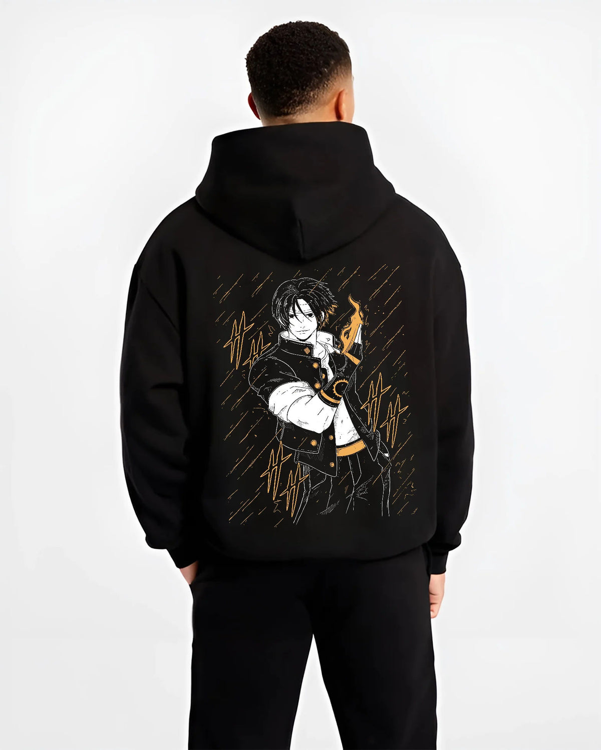 Black hoodie model back view showing Kyo Kusanagi from The King of Fighters: fire power pose