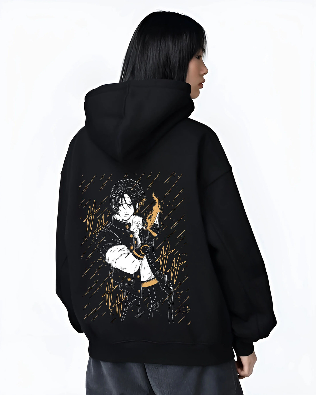 Black hoodie female model back view showing Kyo Kusanagi from The King of Fighters: fire power pose