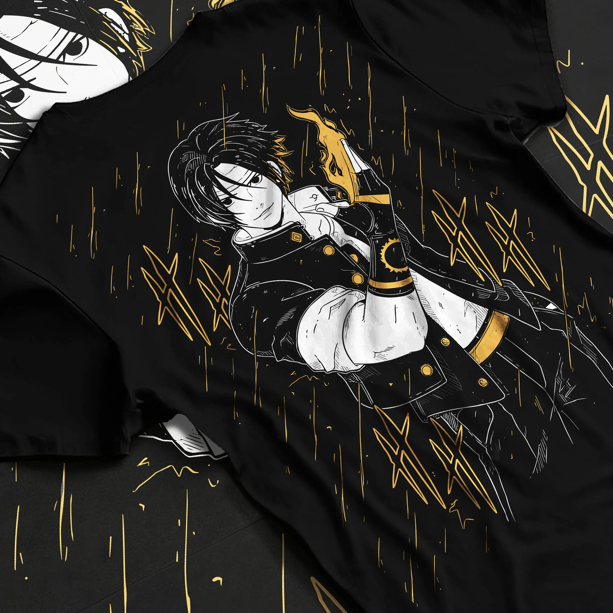 Black T-shirt flat back view showing Kyo Kusanagi from The King of Fighters: fire power pose