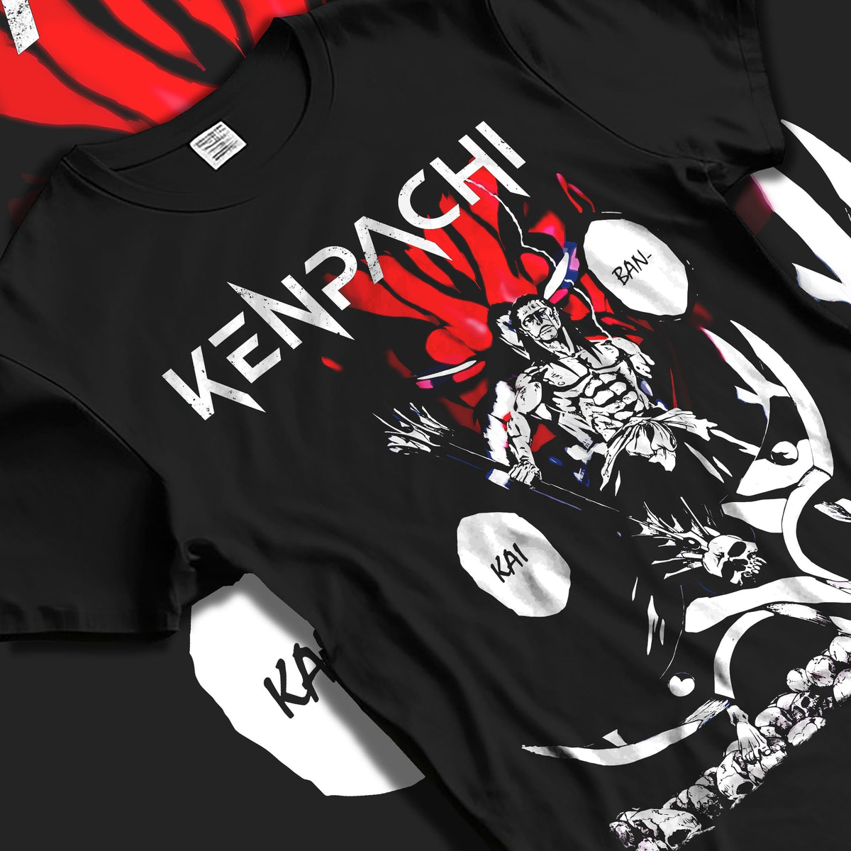 Black T-shirt laid flat with natural fabric folds, featuring Bleach Kenpachi Bankai dark manga panel graphic with skulls, red aura, and shonen artwork style.