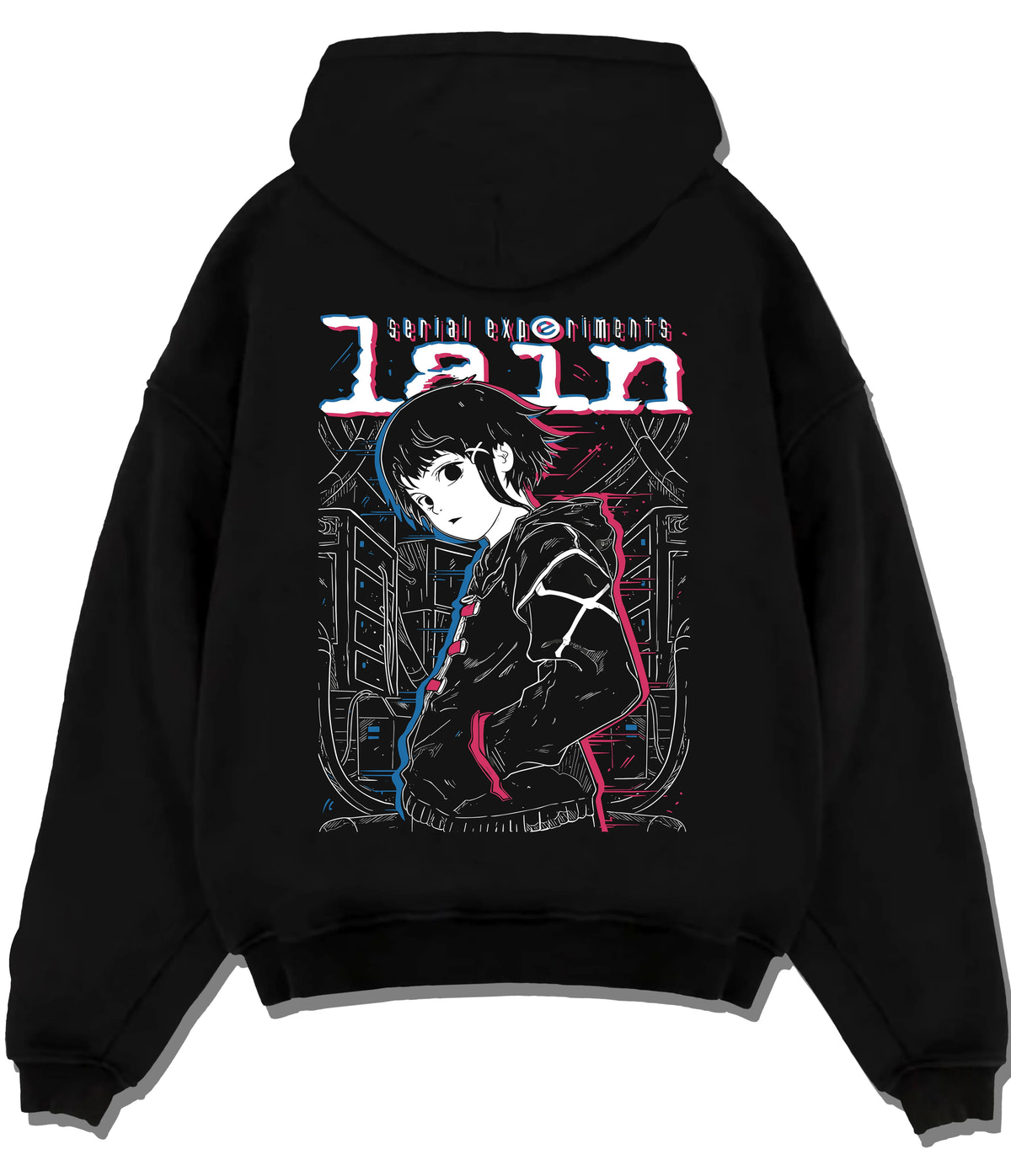 Black hoodie flat back view showing Lain Iwakura from Serial Experiments Lain: monochrome portrait