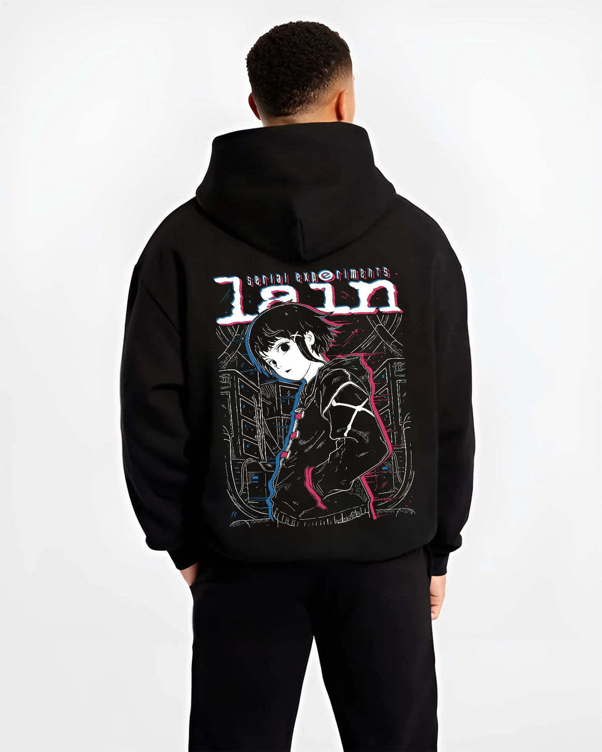 Black hoodie model back view showing Lain Iwakura from Serial Experiments Lain: monochrome portrait