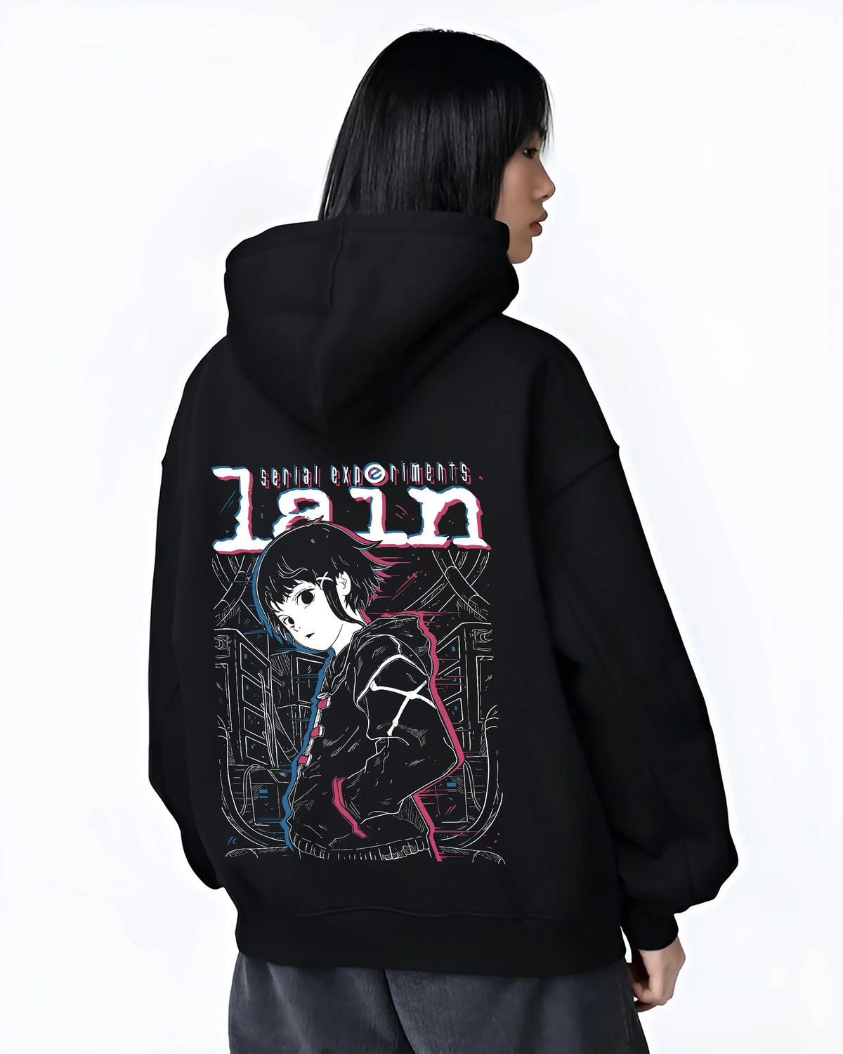 Black hoodie female model back view showing Lain Iwakura from Serial Experiments Lain: monochrome portrait