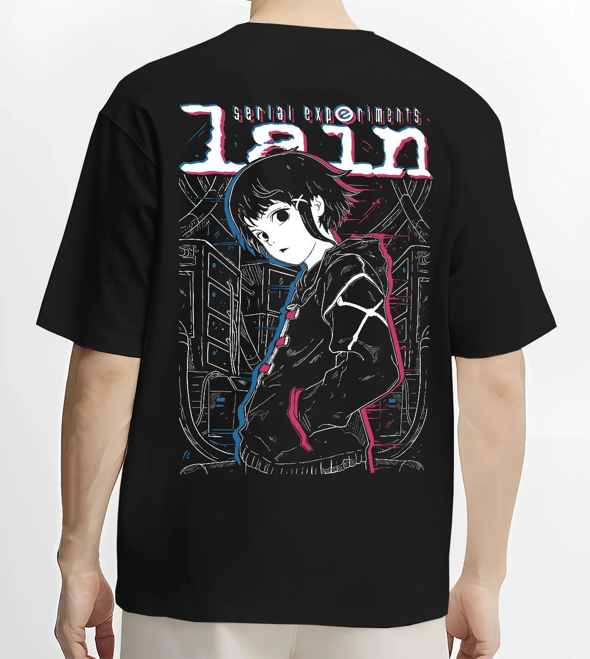 Black T-shirt model back view showing Lain Iwakura from Serial Experiments Lain: monochrome portrait