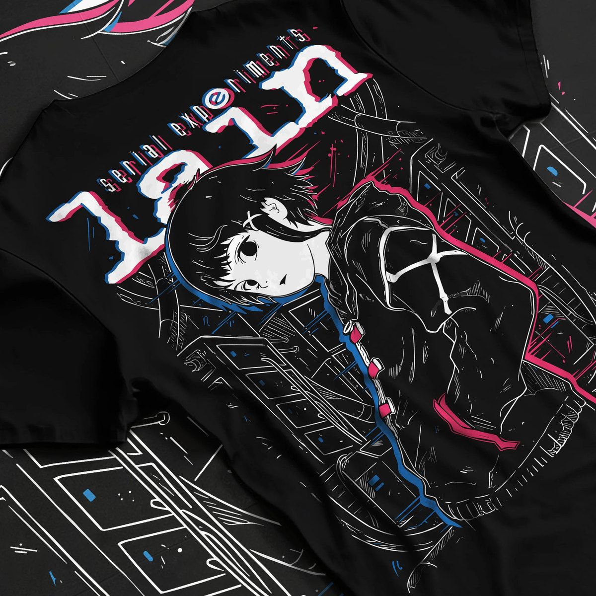 Black T-shirt flat back view showing Lain Iwakura from Serial Experiments Lain: monochrome portrait
