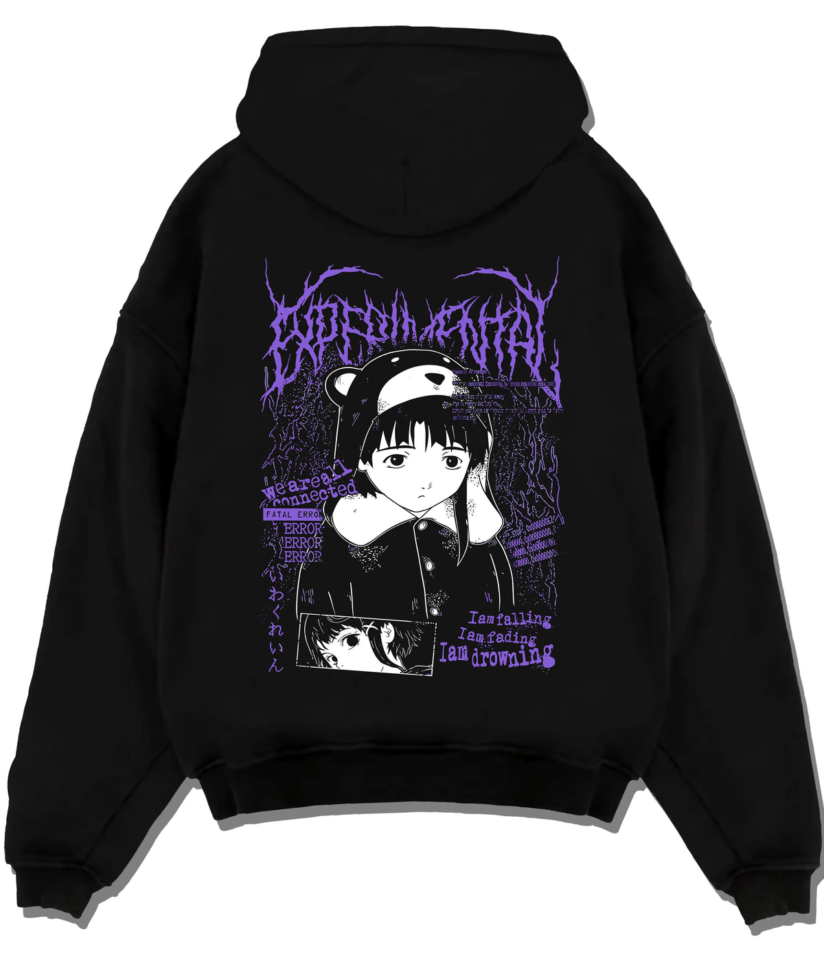 Black hoodie flat back view with Lain Iwakura from Serial Experiments Lain illustrated back graphic