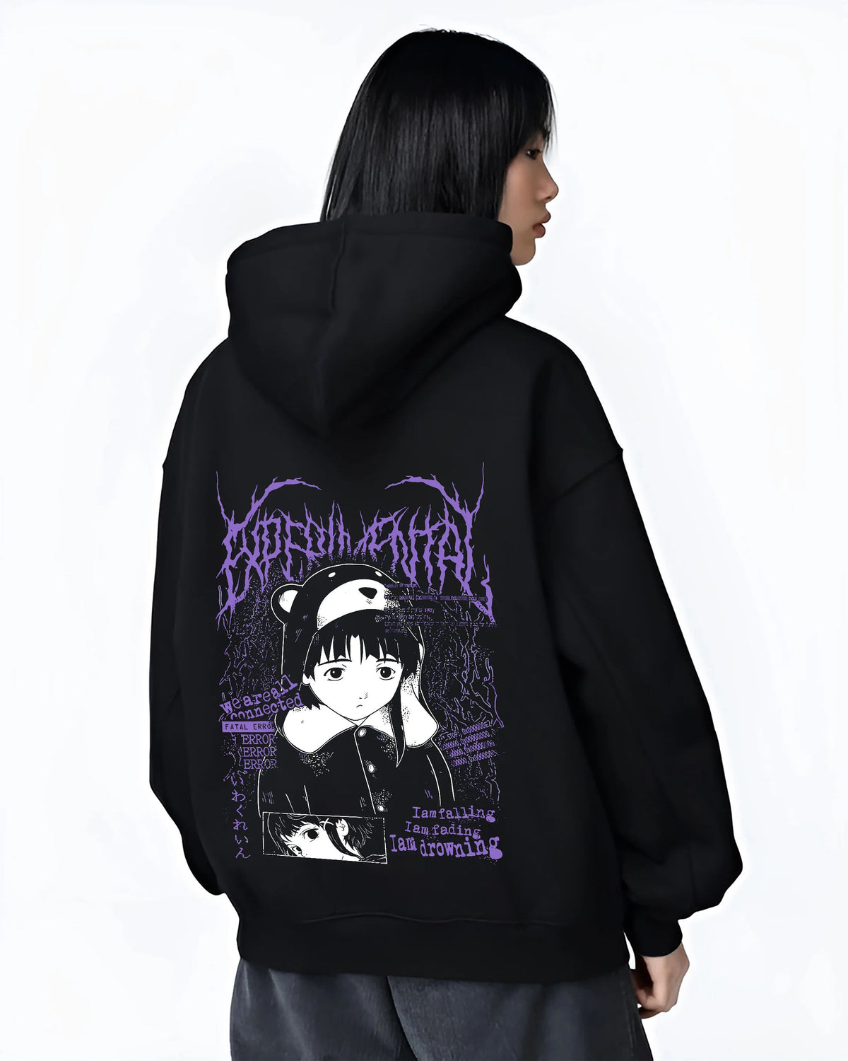 Black hoodie female model back view with Lain Iwakura from Serial Experiments Lain illustrated back graphic