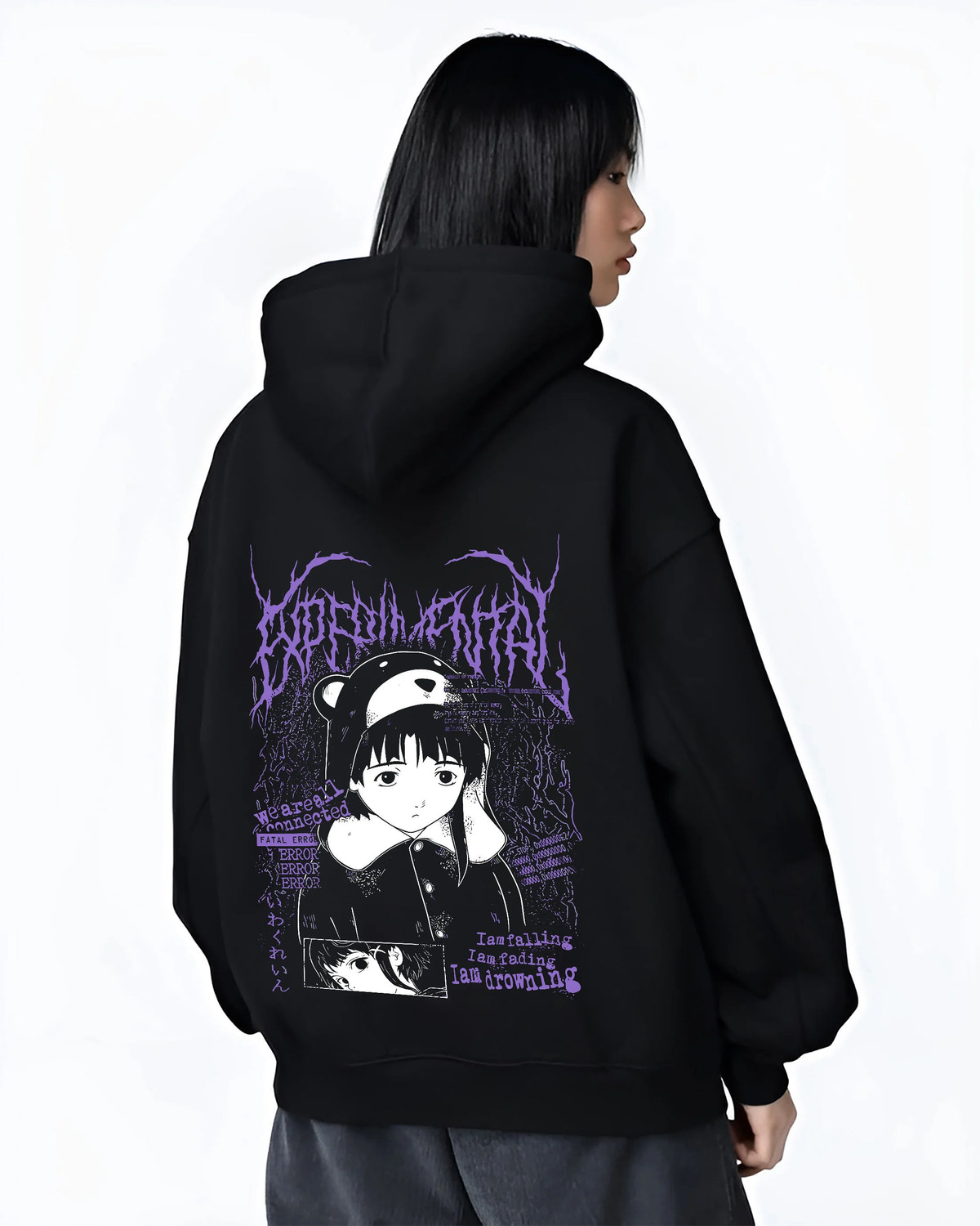 Black hoodie female model back view with Lain Iwakura from Serial Experiments Lain illustrated back graphic