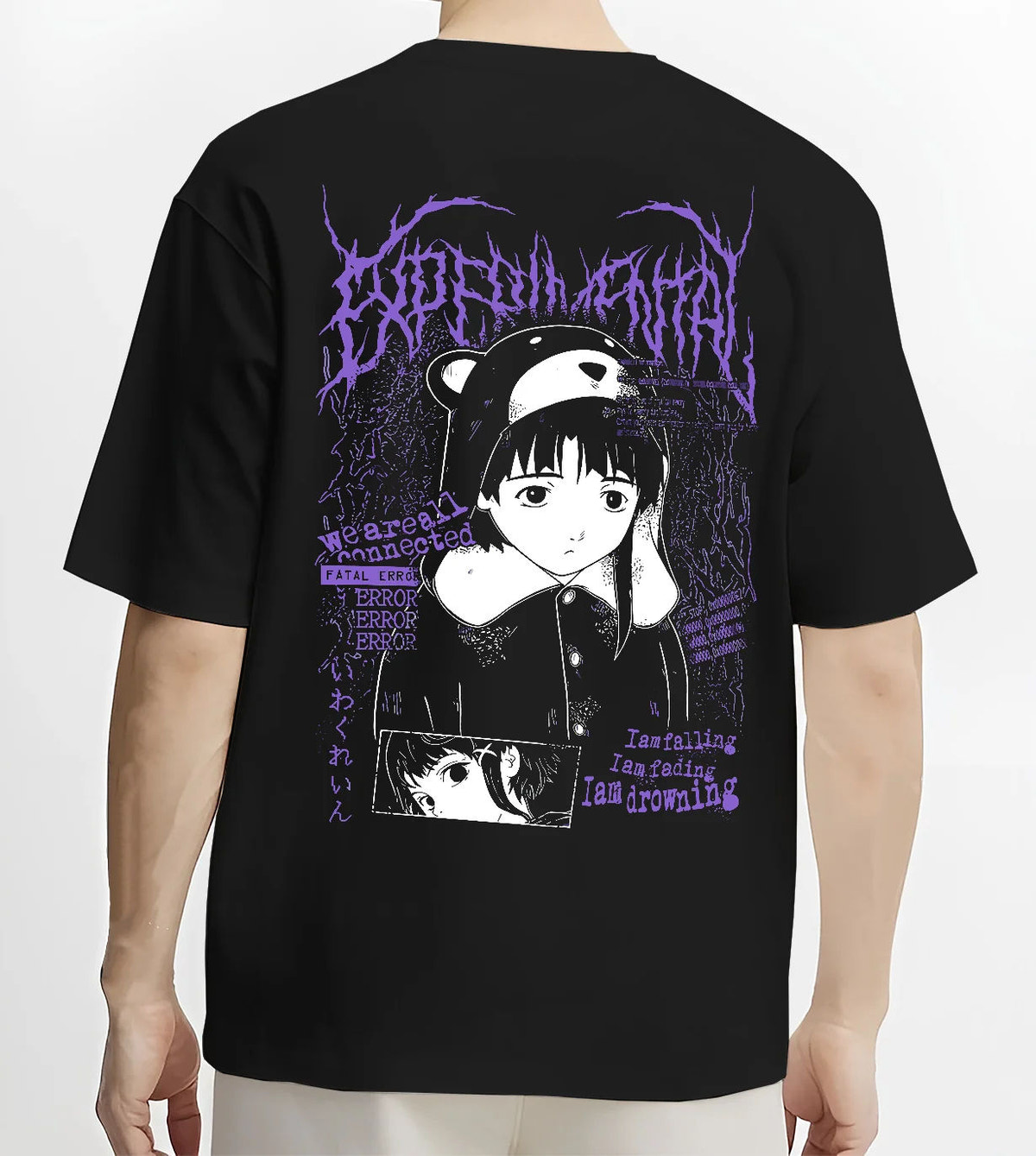 Black T-shirt model back view with Lain Iwakura from Serial Experiments Lain illustrated back graphic