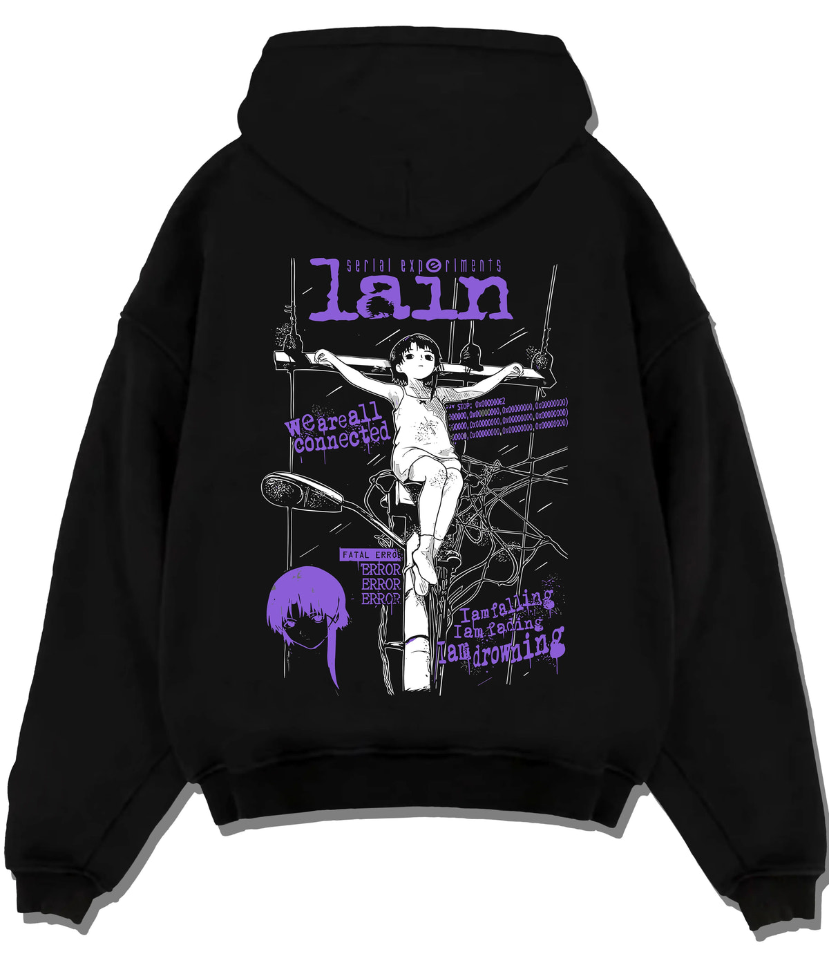 Black hoodie flat back view with Lain Iwakura (Serial Experiments Lain) illustrated back graphic