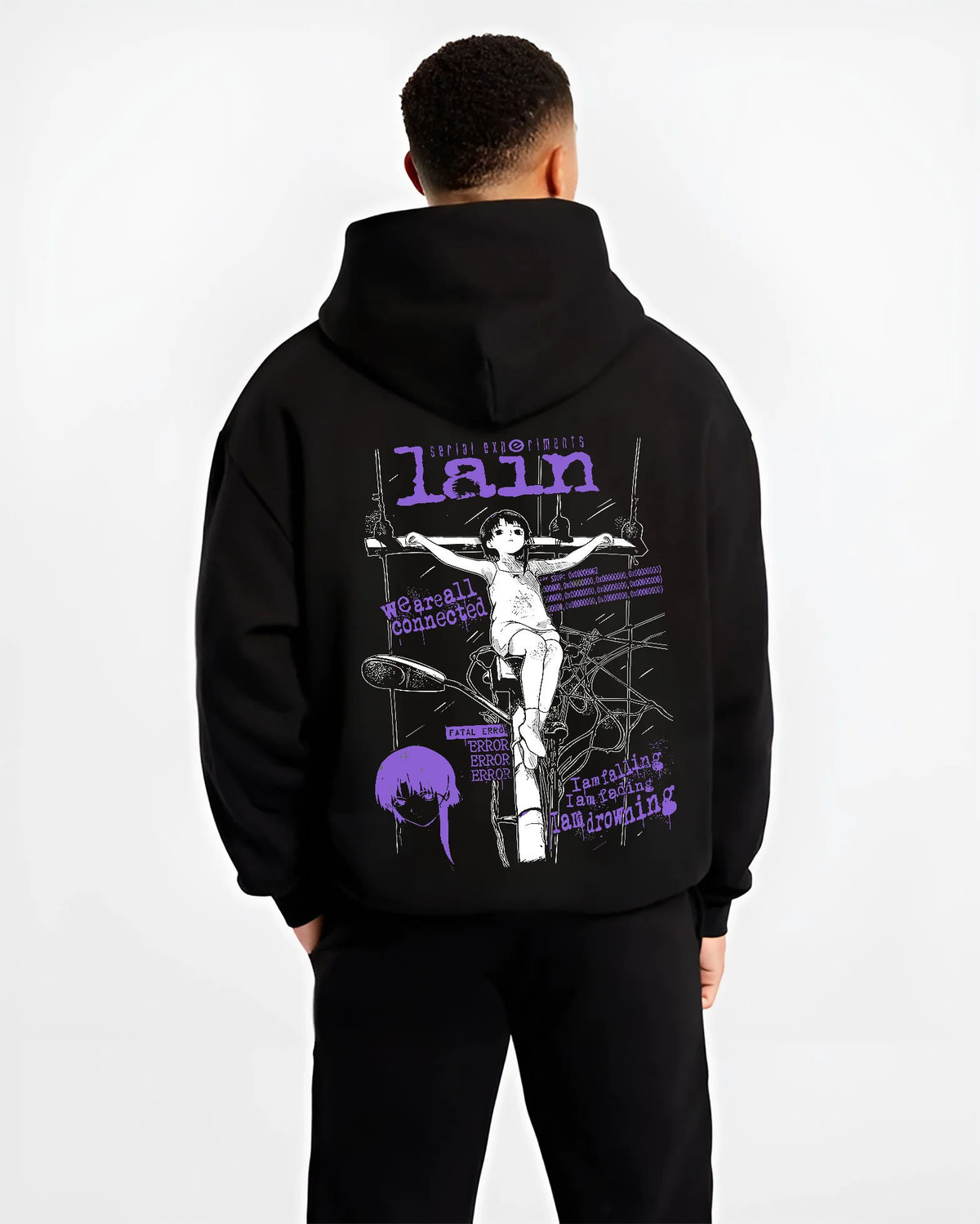 Black hoodie model back view with Lain Iwakura (Serial Experiments Lain) illustrated back graphic