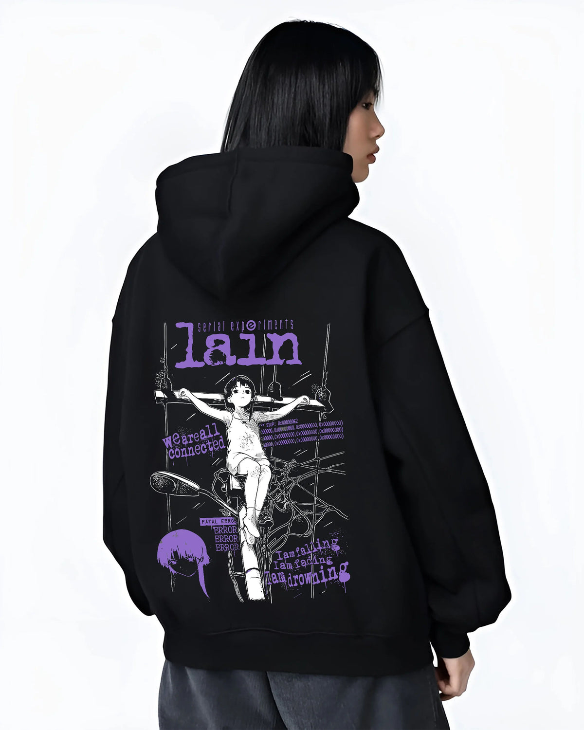 Black hoodie female model back view with Lain Iwakura (Serial Experiments Lain) illustrated back graphic