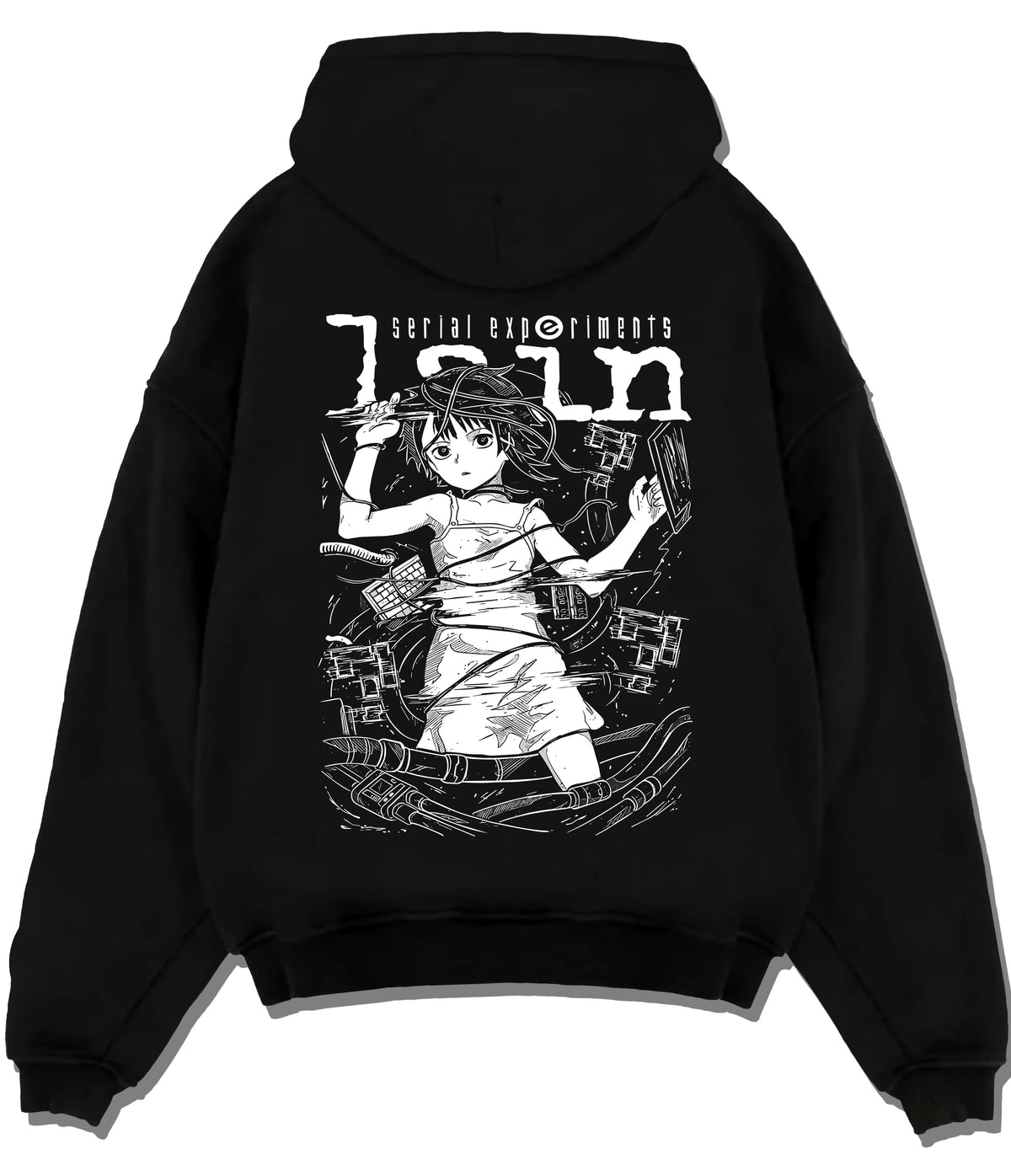 Black hoodie flat back view showing Lain Iwakura from Serial Experiments Lain: monochrome collage