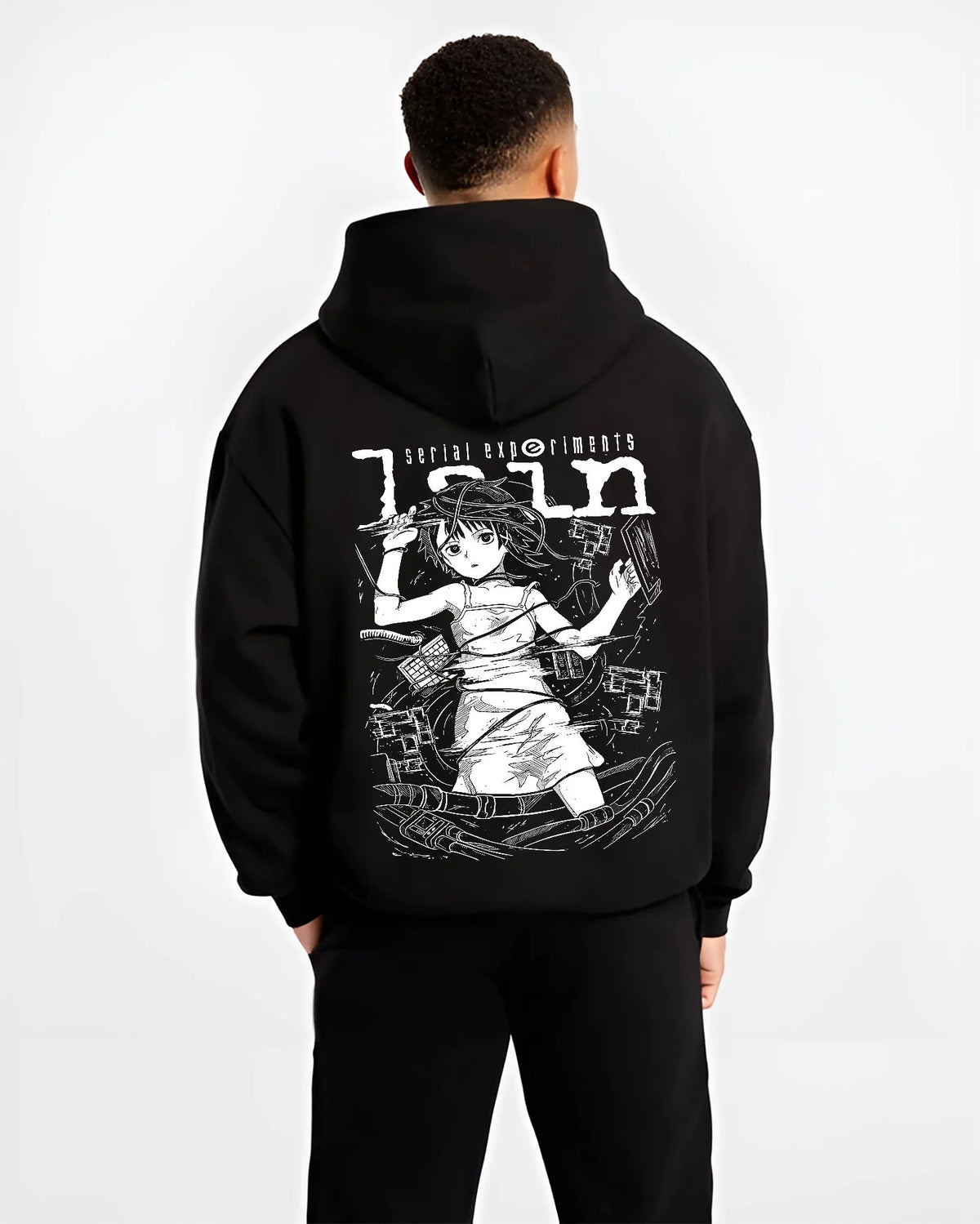 Black hoodie model back view showing Lain Iwakura from Serial Experiments Lain: monochrome collage