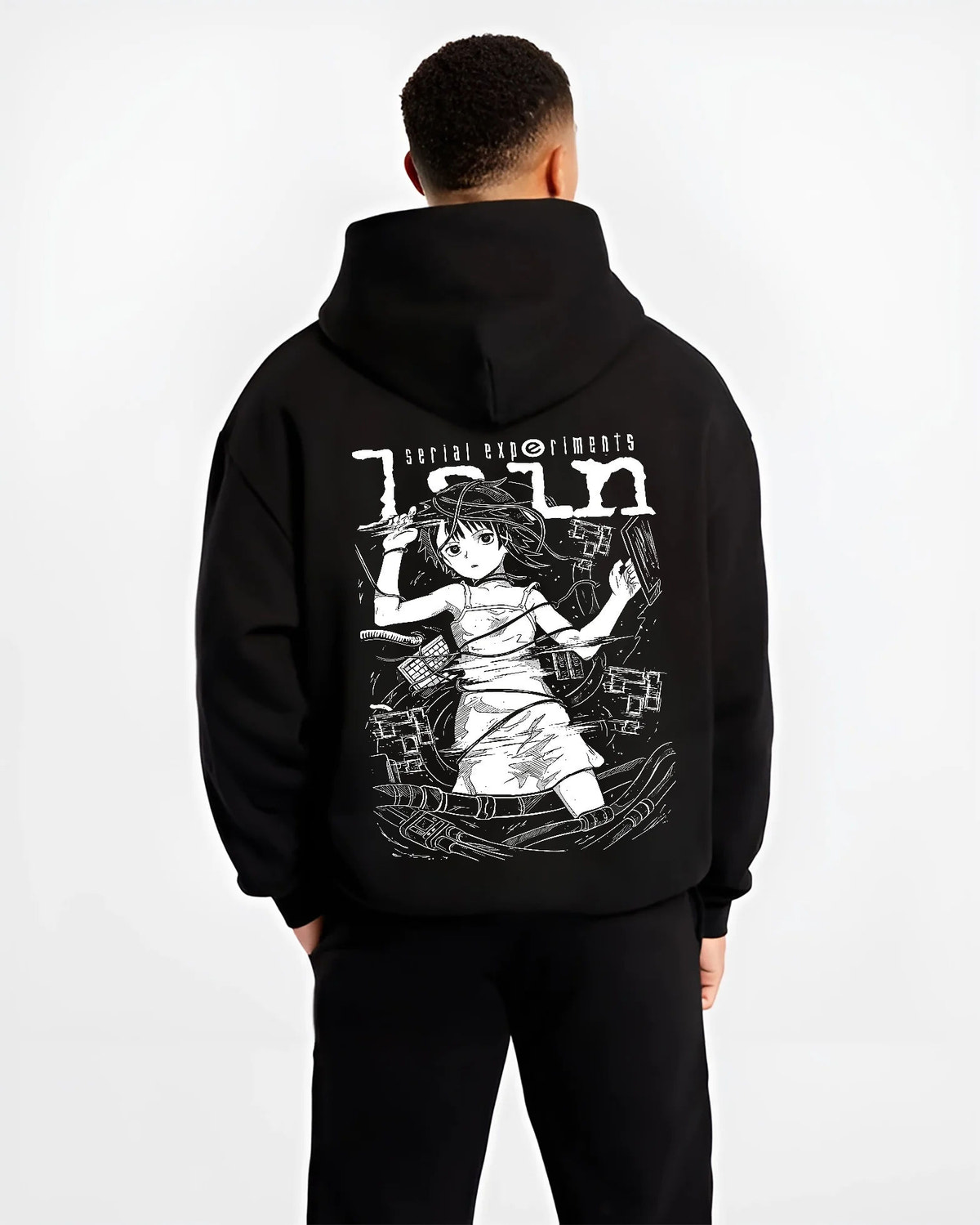 Black hoodie model back view showing Lain Iwakura from Serial Experiments Lain: monochrome collage