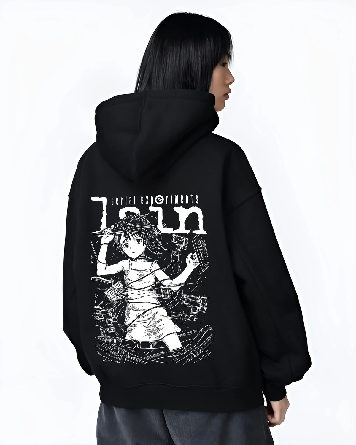 Black hoodie female model back view showing Lain Iwakura from Serial Experiments Lain: monochrome collage