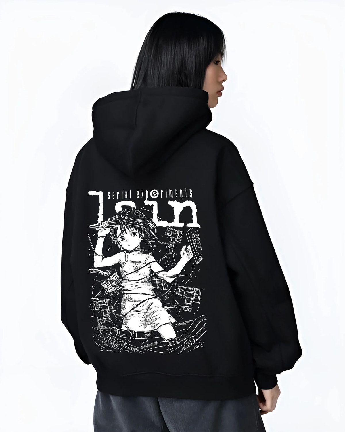 Black hoodie female model back view showing Lain Iwakura from Serial Experiments Lain: monochrome collage