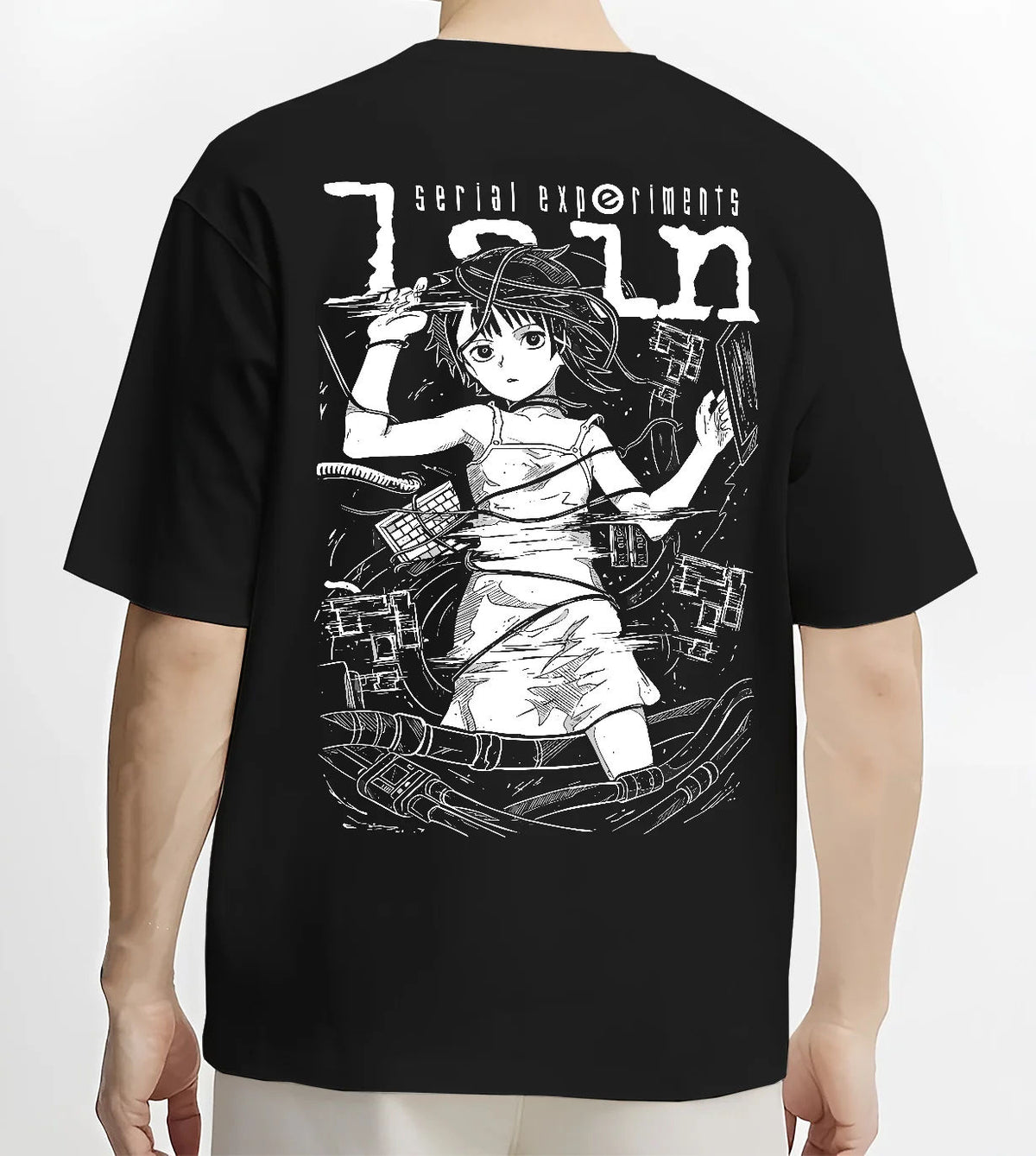 Black T-shirt model back view showing Lain Iwakura from Serial Experiments Lain: monochrome collage