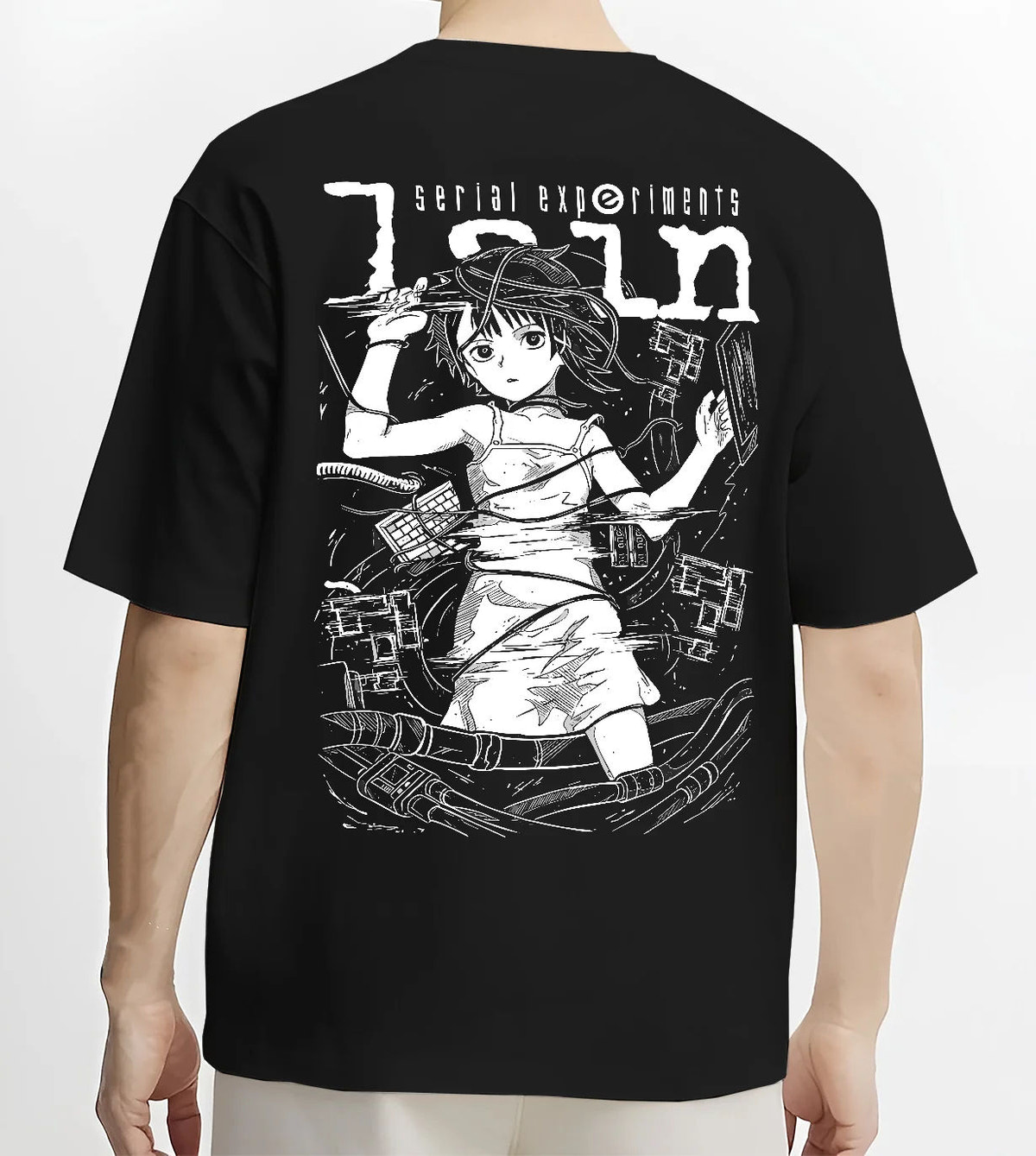 Black T-shirt model back view showing Lain Iwakura from Serial Experiments Lain: monochrome collage