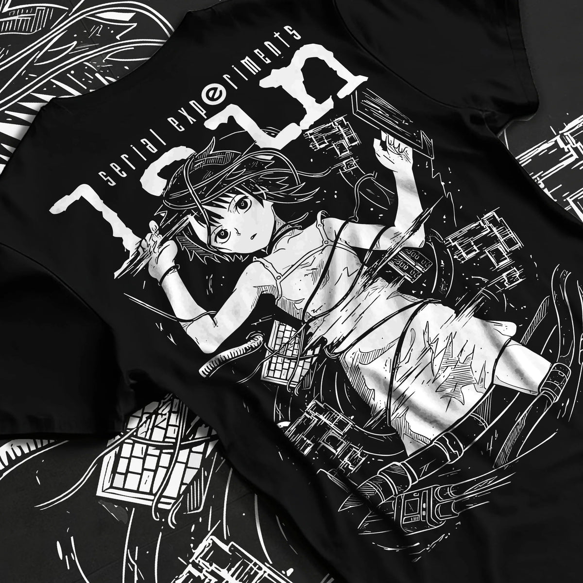 Black T-shirt flat back view showing Lain Iwakura from Serial Experiments Lain: monochrome collage