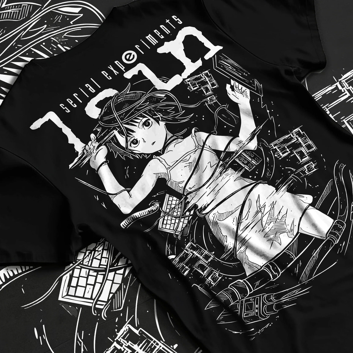 Black T-shirt flat back view showing Lain Iwakura from Serial Experiments Lain: monochrome collage