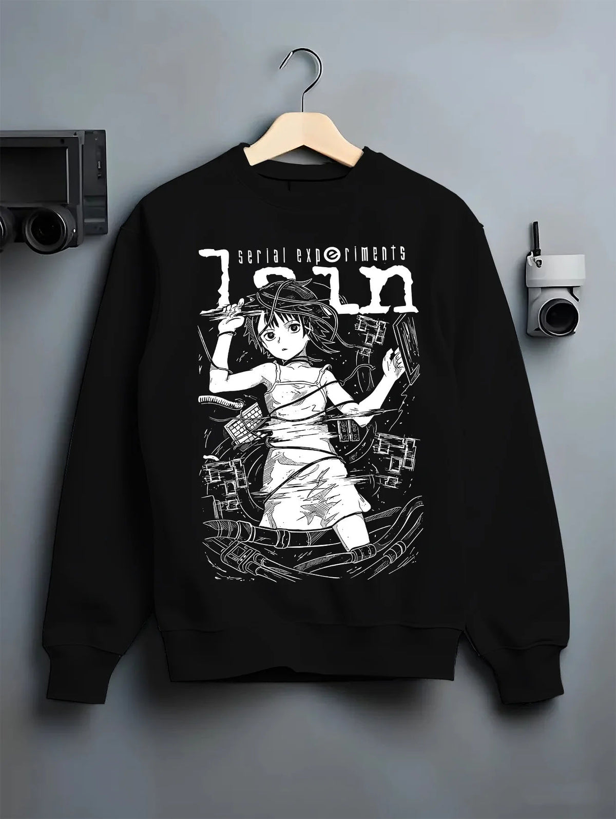 Black crewneck sweatshirt on hanger showing Lain Iwakura from Serial Experiments Lain: monochrome collage