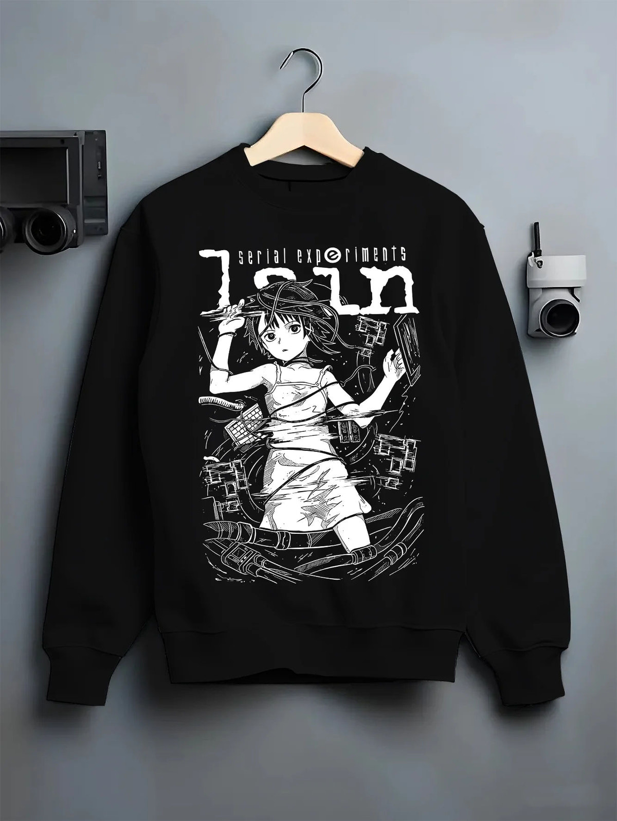 Black crewneck sweatshirt on hanger showing Lain Iwakura from Serial Experiments Lain: monochrome collage