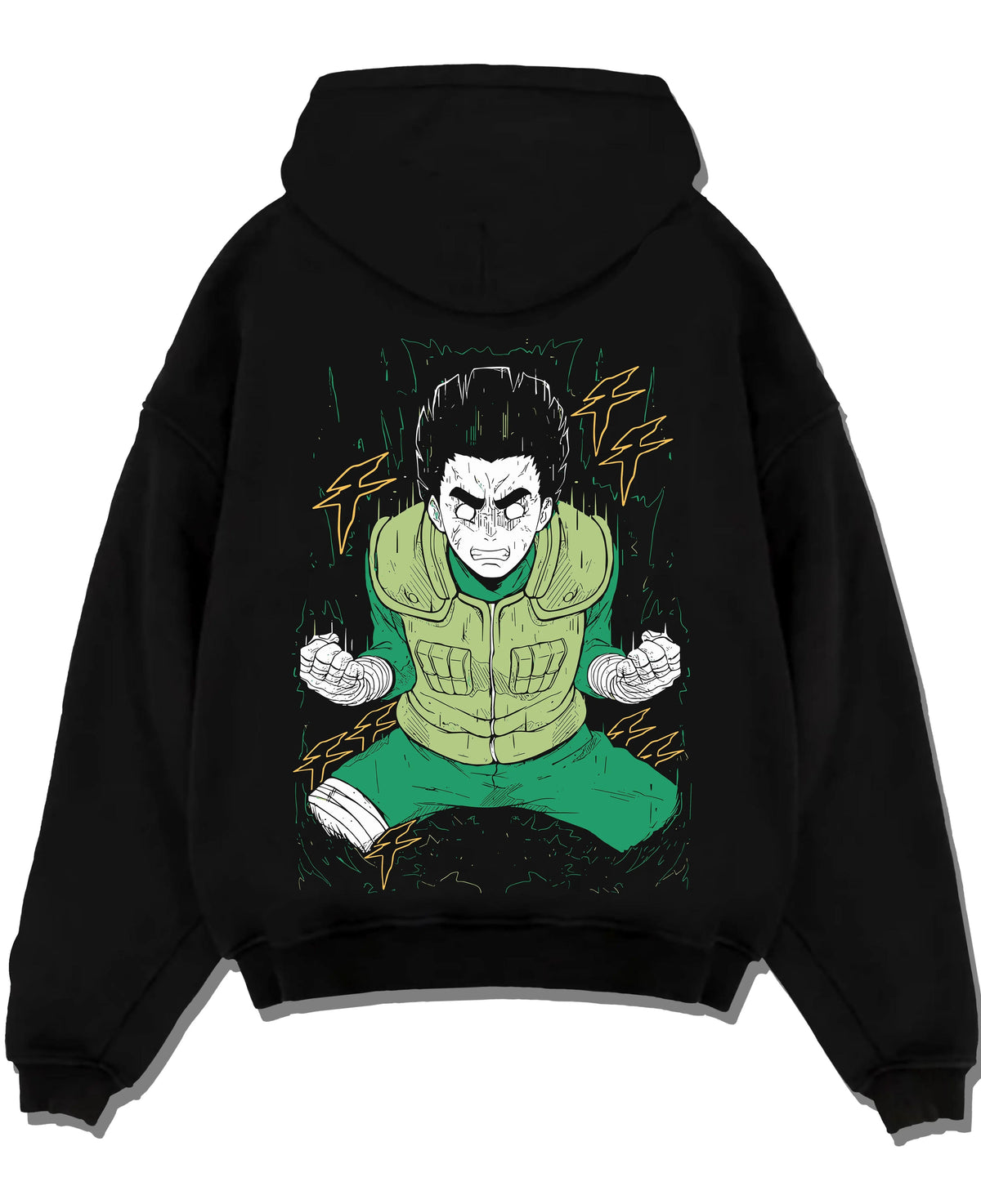 Black hoodie laid flat featuring Rock Lee Primary Lotus taijutsu artwork.