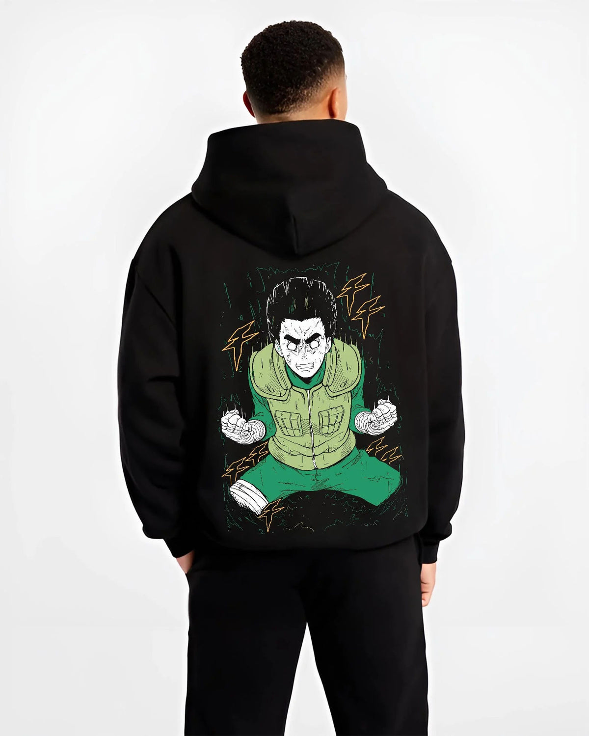 Black hoodie worn by male model from the back featuring Rock Lee Primary Lotus taijutsu artwork.