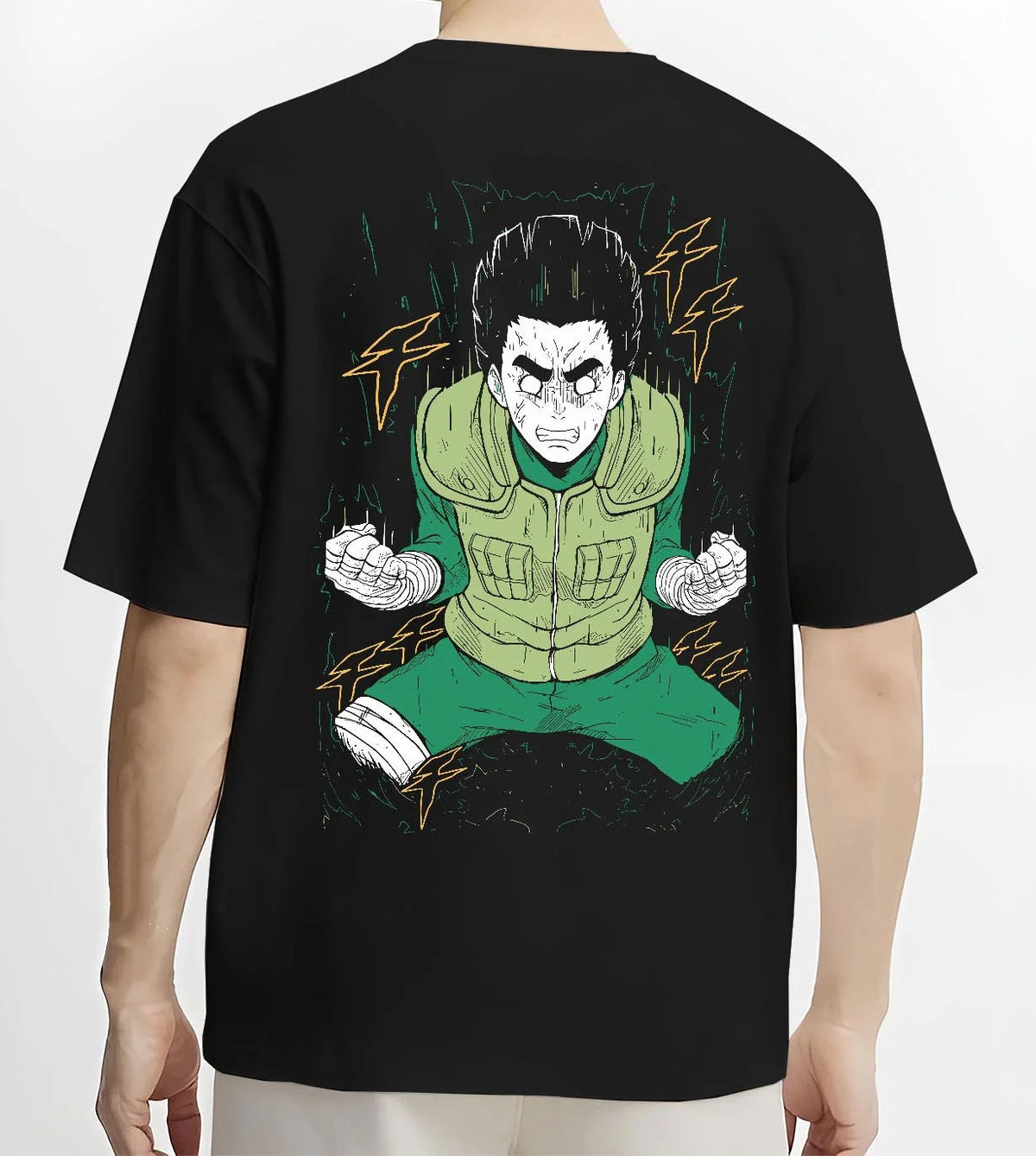 Black T-shirt worn by male model from the back featuring Rock Lee Primary Lotus taijutsu artwork.