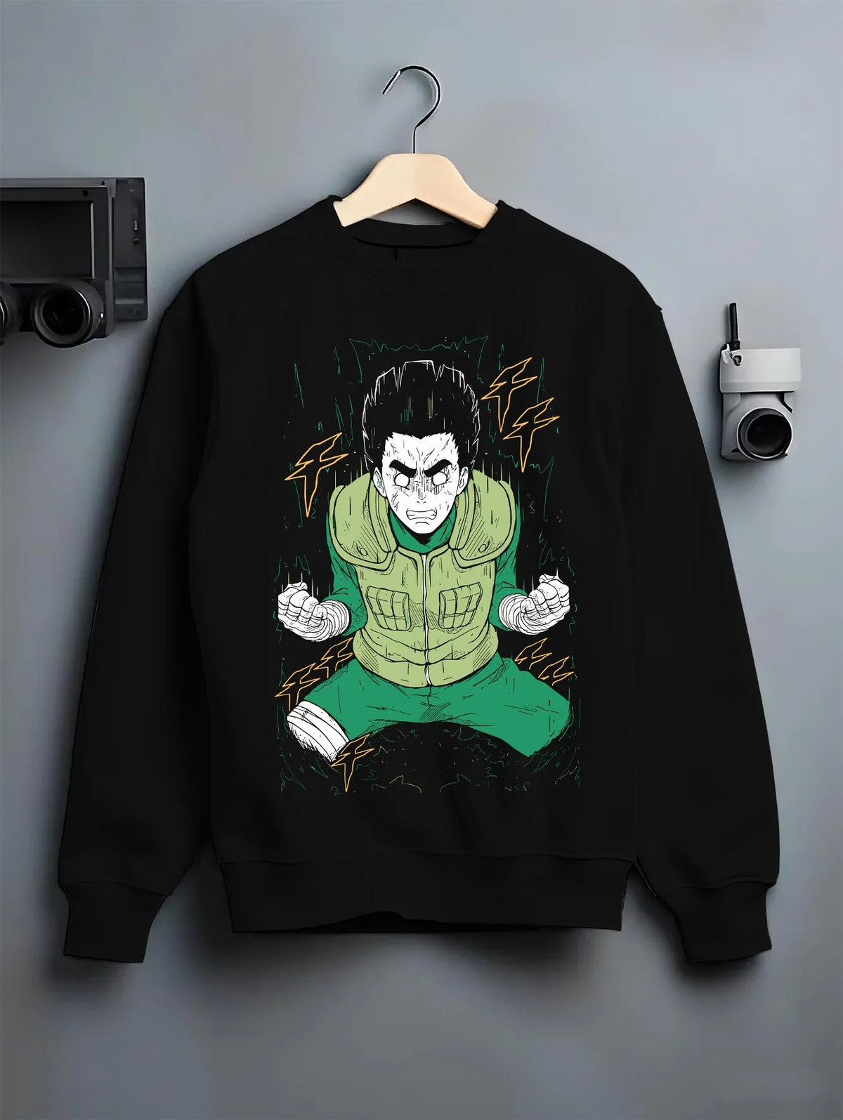 Black crewneck sweatshirt on hanger featuring Rock Lee Primary Lotus taijutsu artwork.
