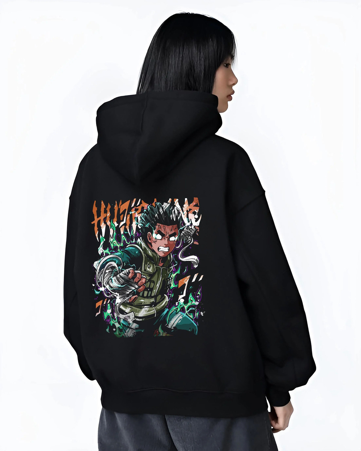 Black hoodie worn by female model from the back featuring Rock Lee training and taijutsu artwork.