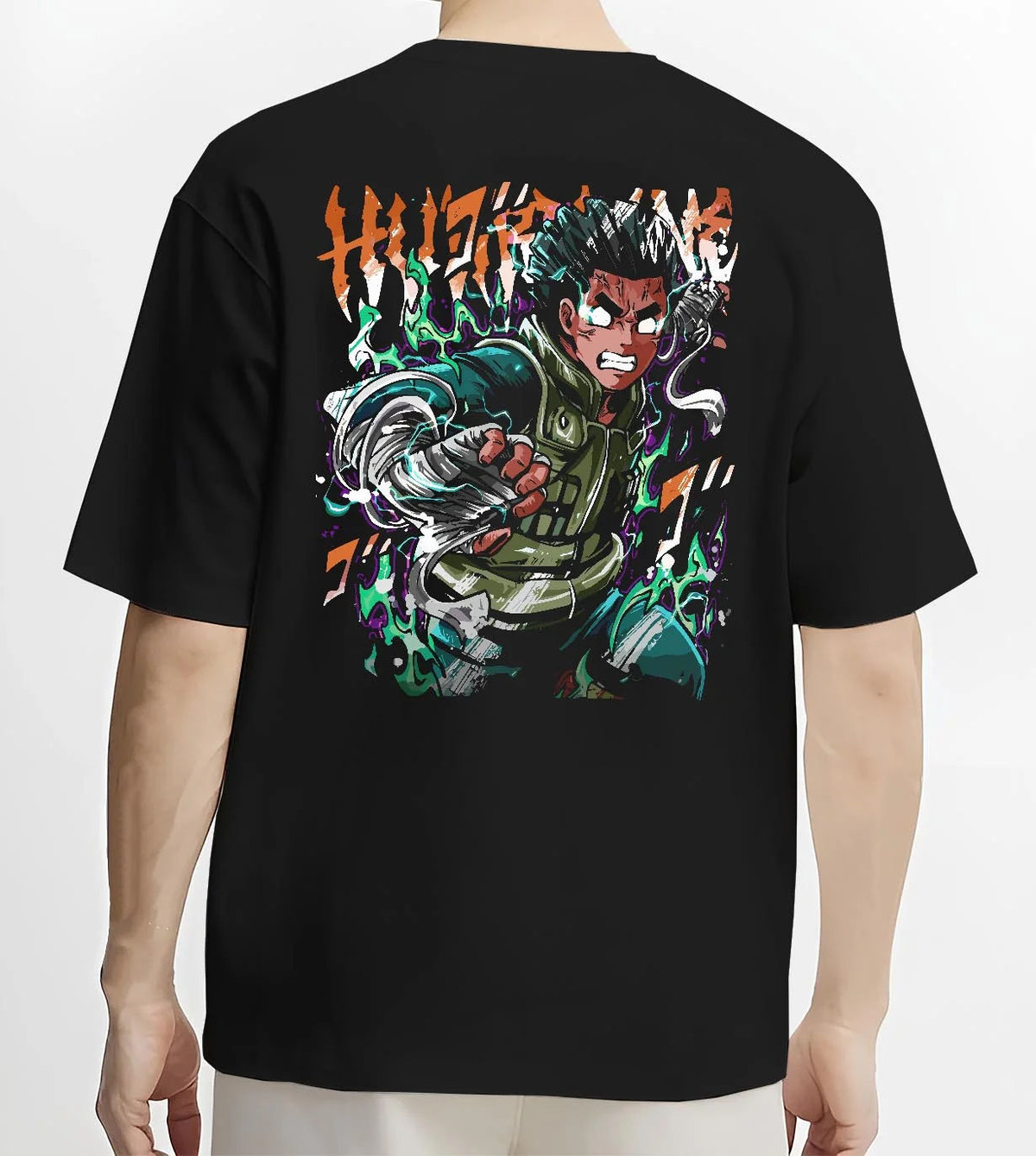 Black T-shirt worn by male model from the back featuring Rock Lee training and taijutsu artwork.
