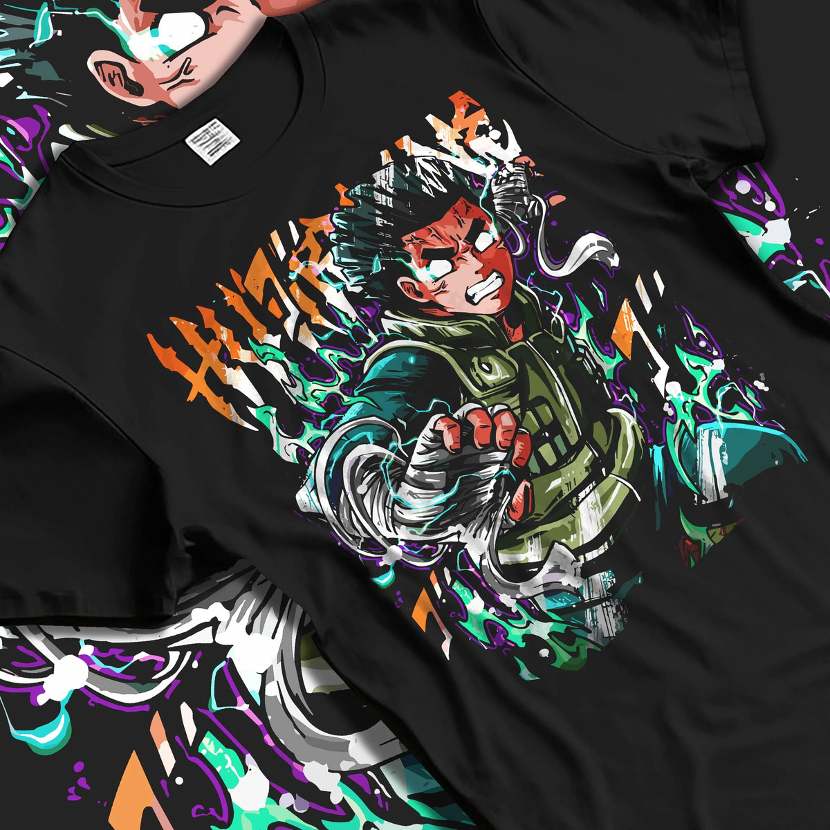 Black T-shirt laid flat with natural folds featuring Rock Lee training and taijutsu artwork.