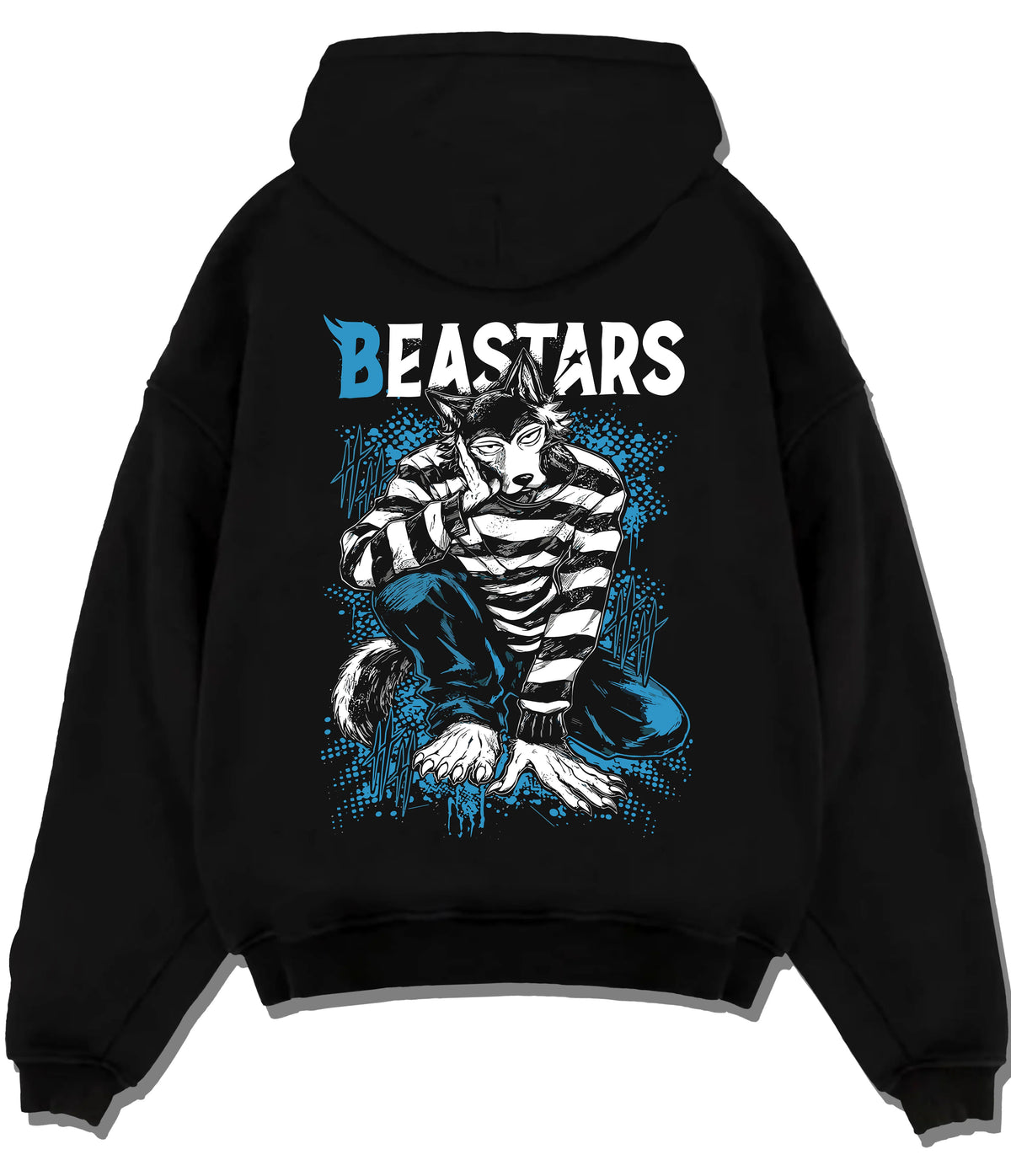 Black hoodie flat back view showing Legoshi from Beastars: wolf boy portrait