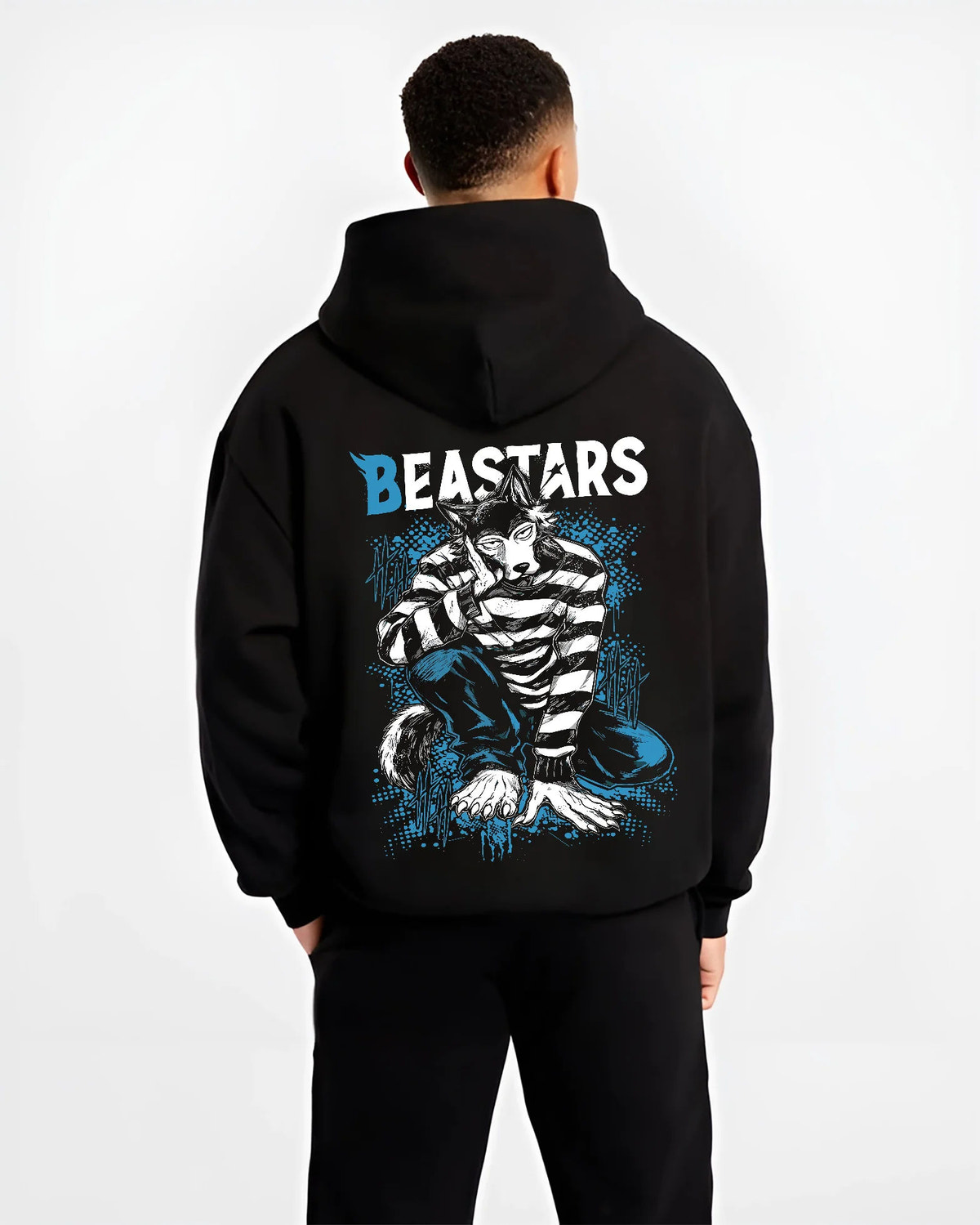 Black hoodie model back view showing Legoshi from Beastars: wolf boy portrait