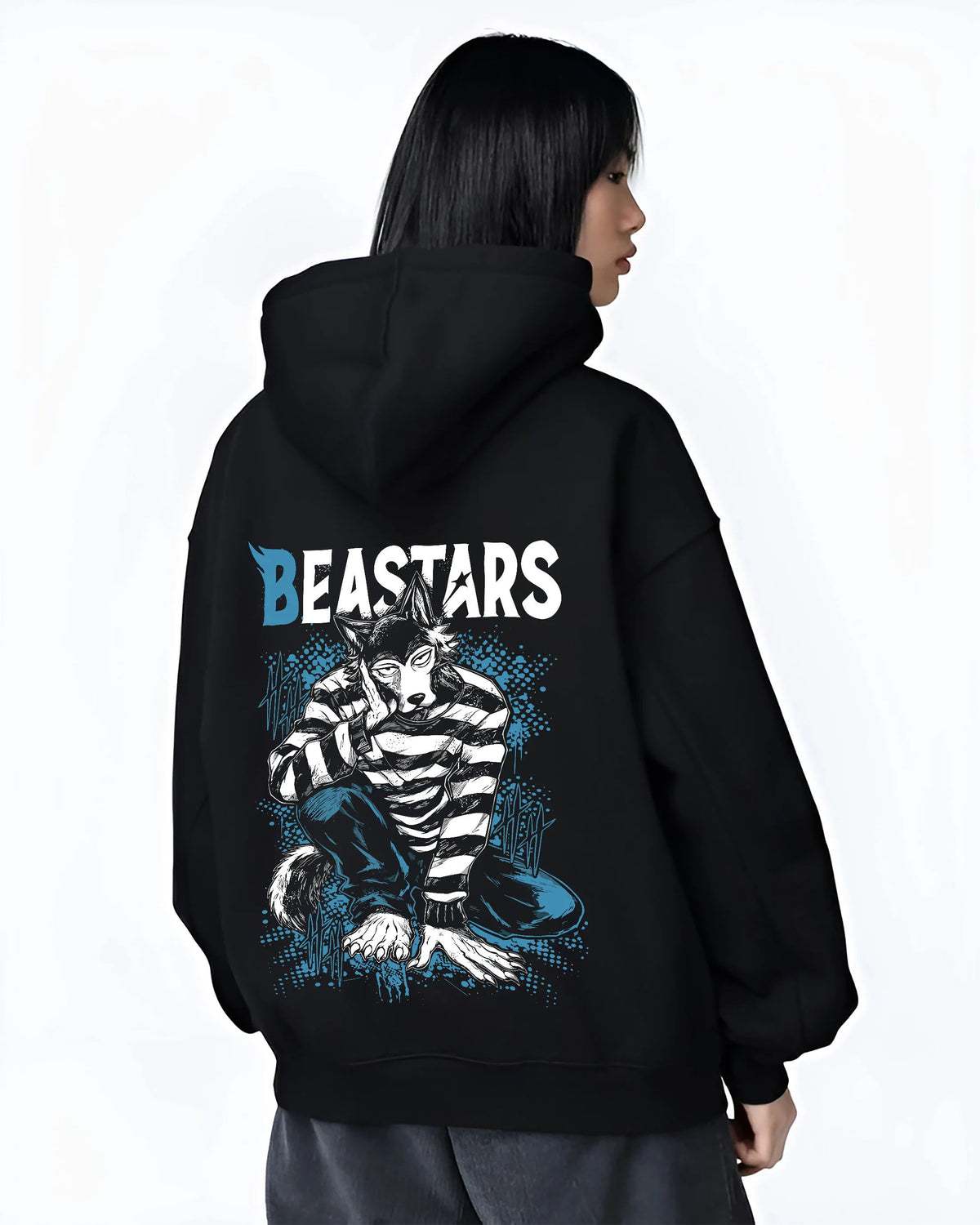 Black hoodie female model back view showing Legoshi from Beastars: wolf boy portrait
