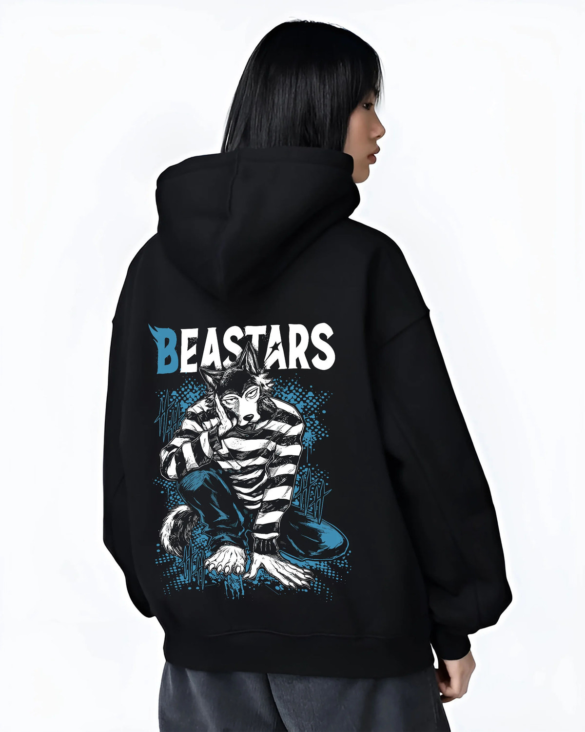 Black hoodie female model back view showing Legoshi from Beastars: wolf boy portrait