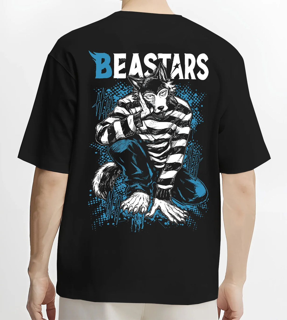 Black T-shirt model back view showing Legoshi from Beastars: wolf boy portrait