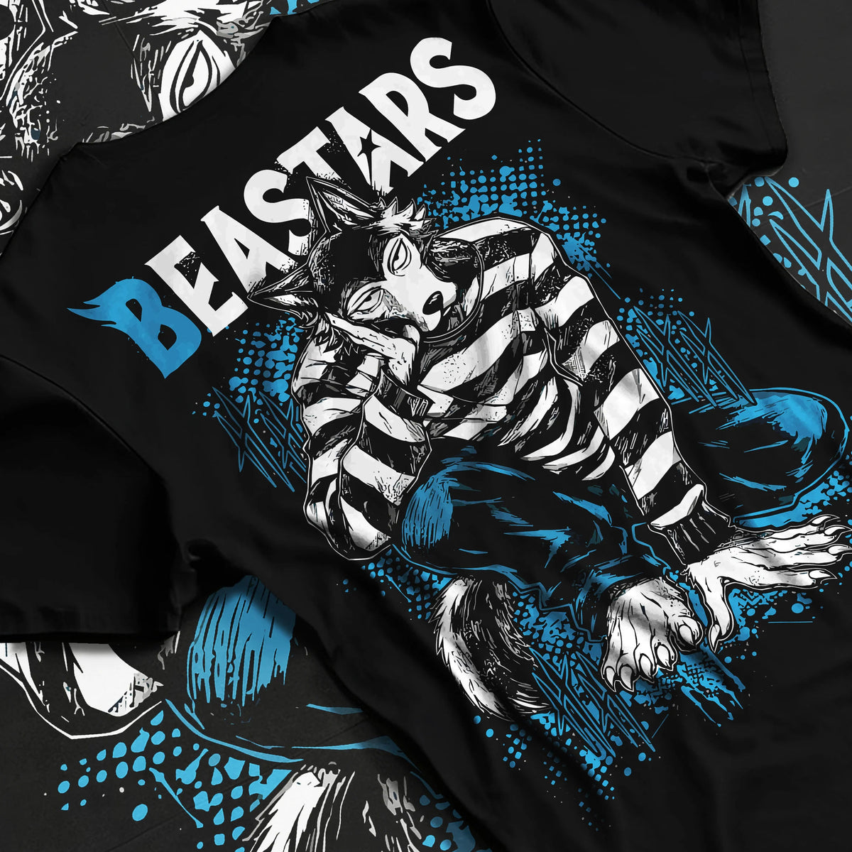 Black T-shirt flat back view showing Legoshi from Beastars: wolf boy portrait